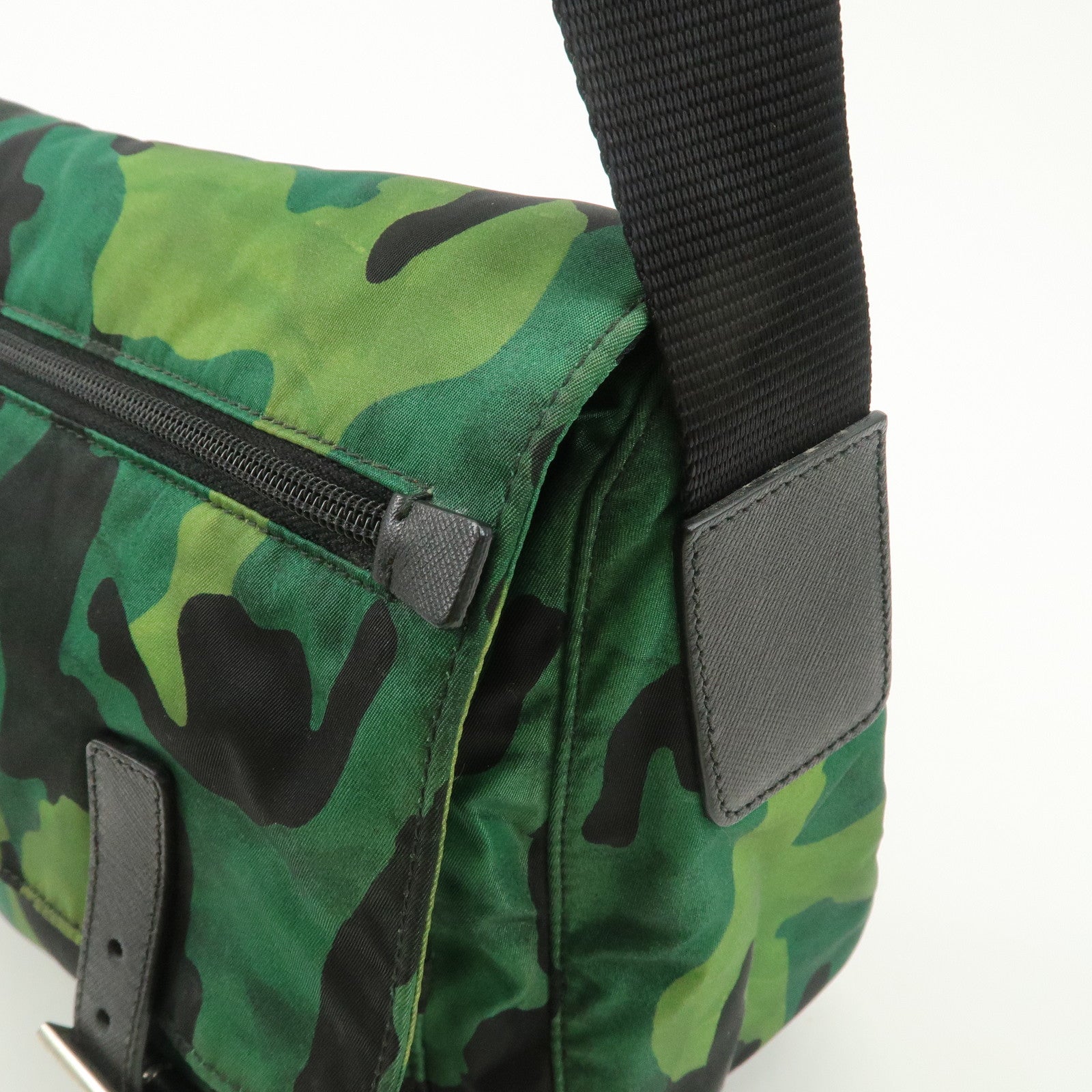 PRADA Logo Nylon Leather Camouflage Shoulder Bag Green Black Used