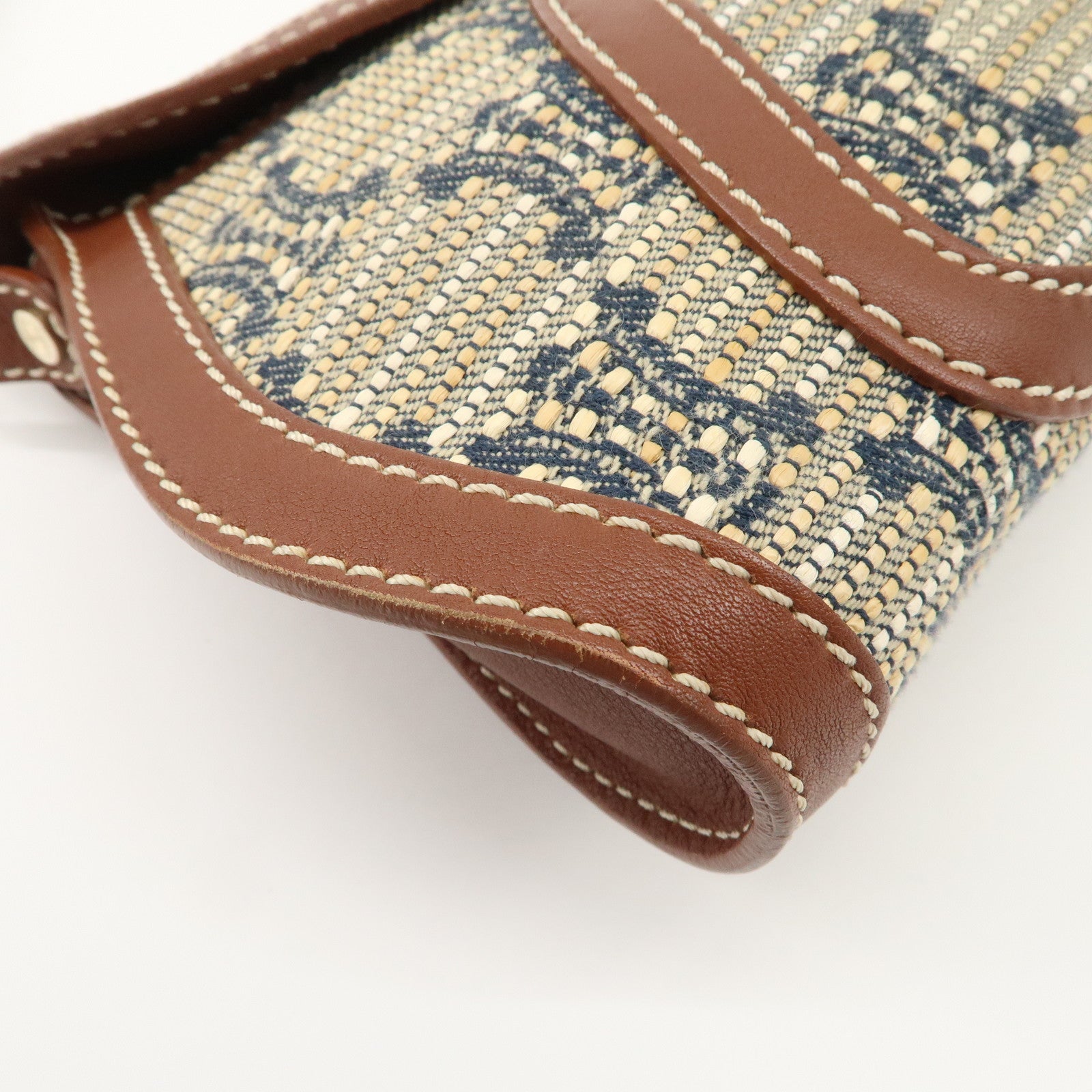 CELINE Macadam Canvas Leather Shoulder Bag Beige Navy Brown Used