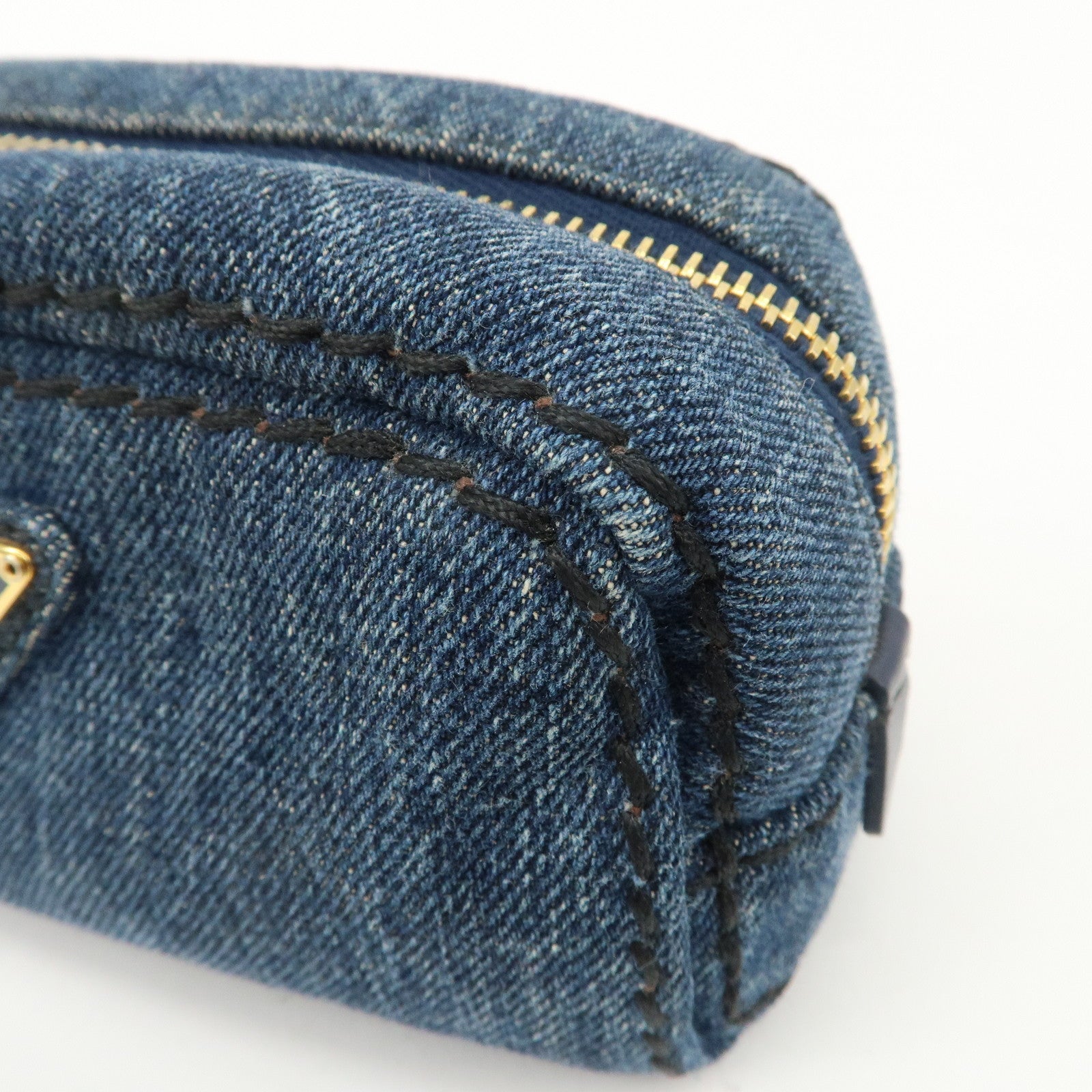 PRADA Triangle Logo Denim Pouch Cosmetic Pouch Blue Gold HDW