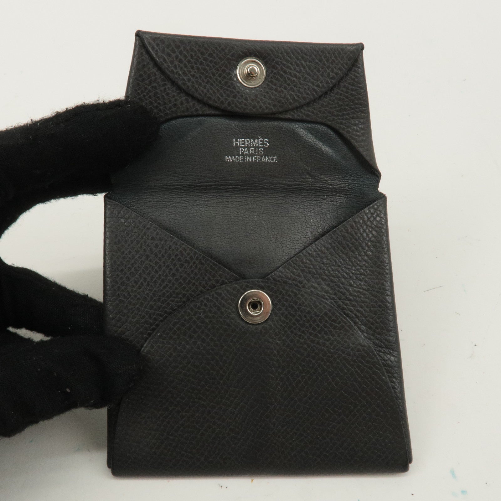 HERMES Leather Bastia H Stamp Coin Case Coin Purse Dark Gray