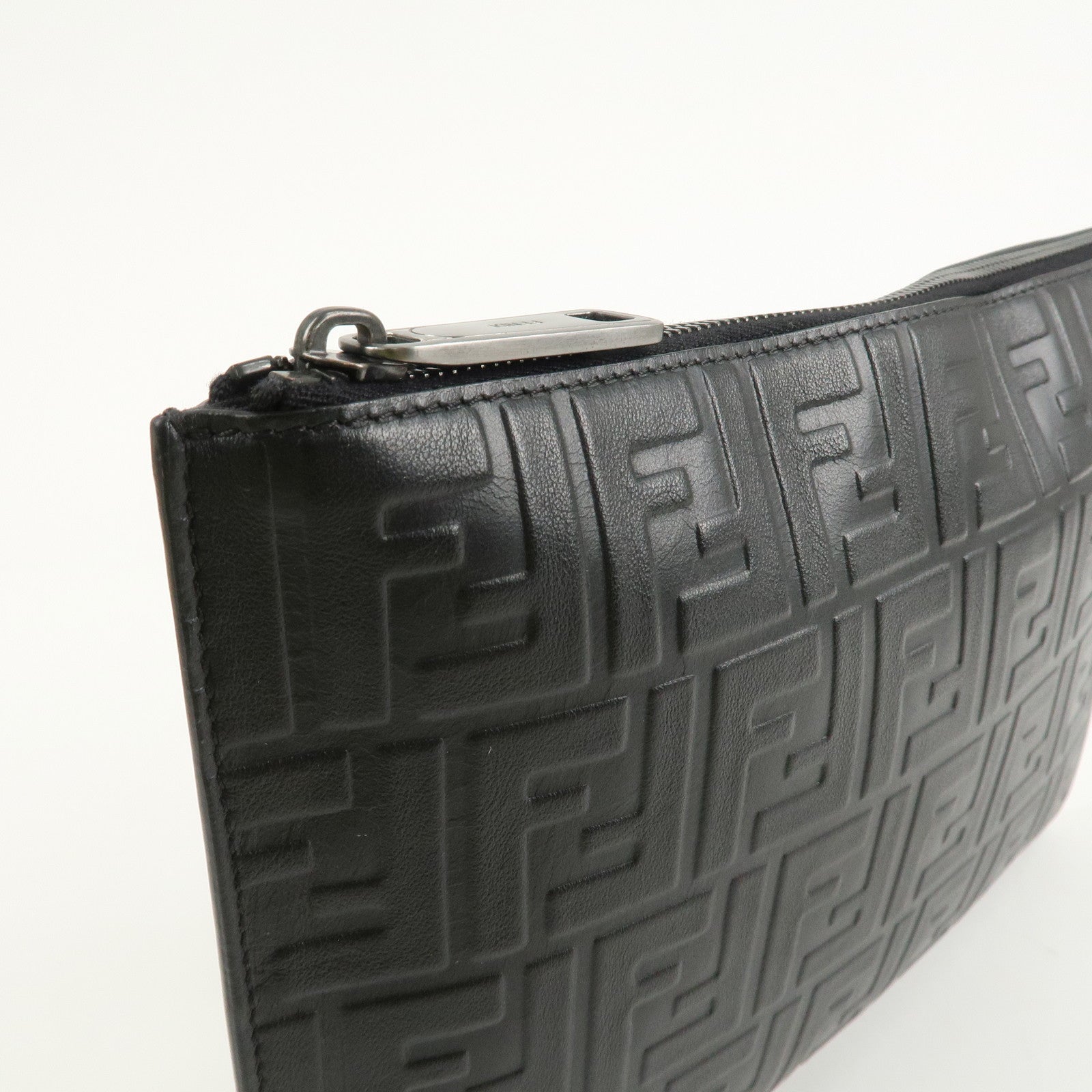 FENDI Zucca Leather Clutch Bag Hand Bag  Black 7N0078 Used