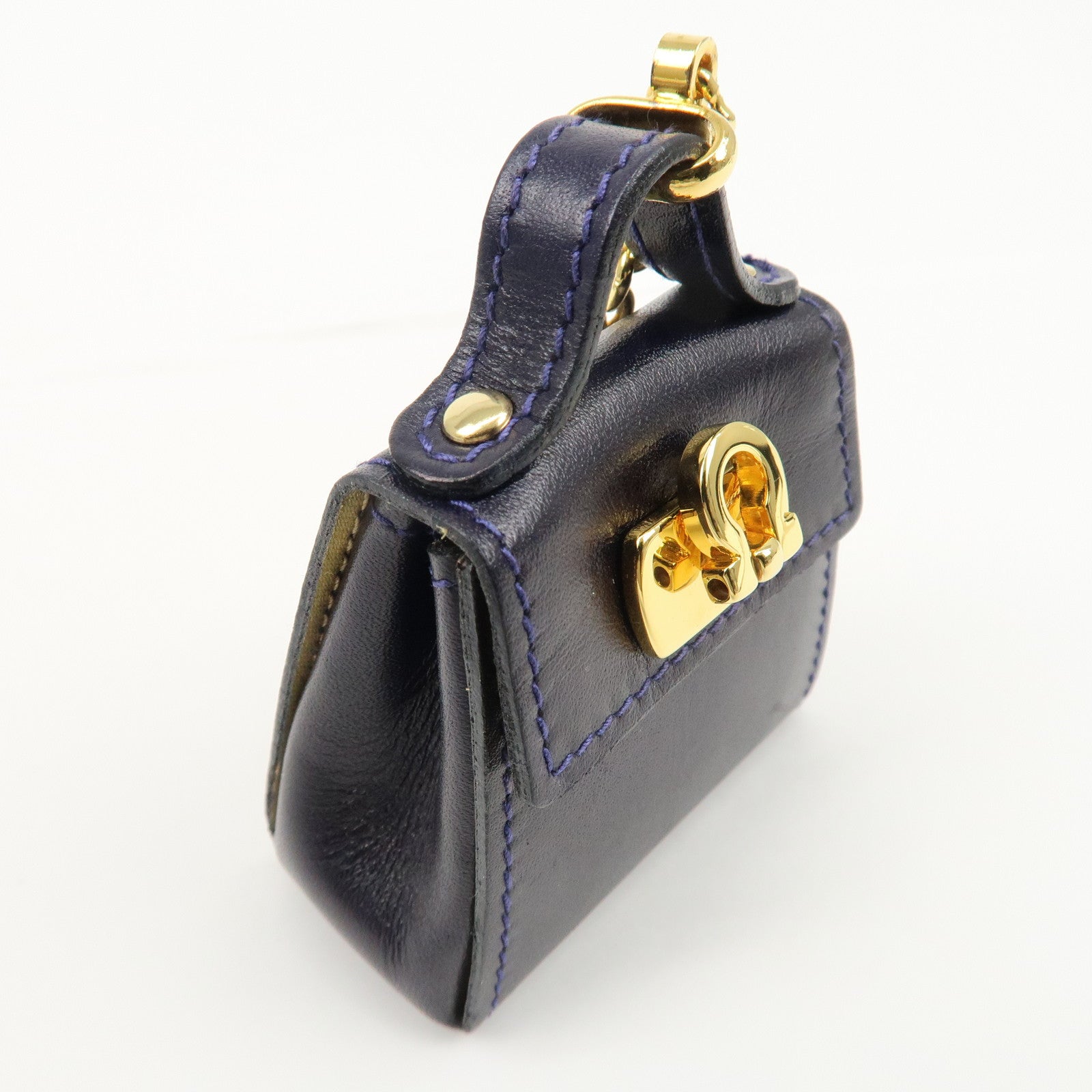 Ferragamo Leather Gancini Bag Motif Charm Dark Purple 22.5641