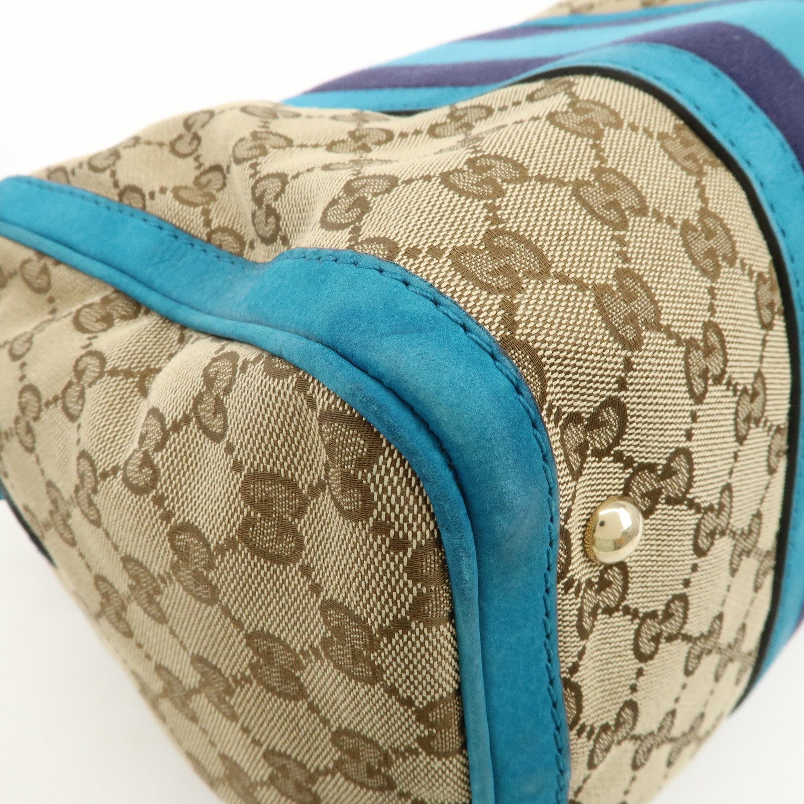 GUCCI Sherry GG Canvas Leather Boston Bag Beige Blue 247205