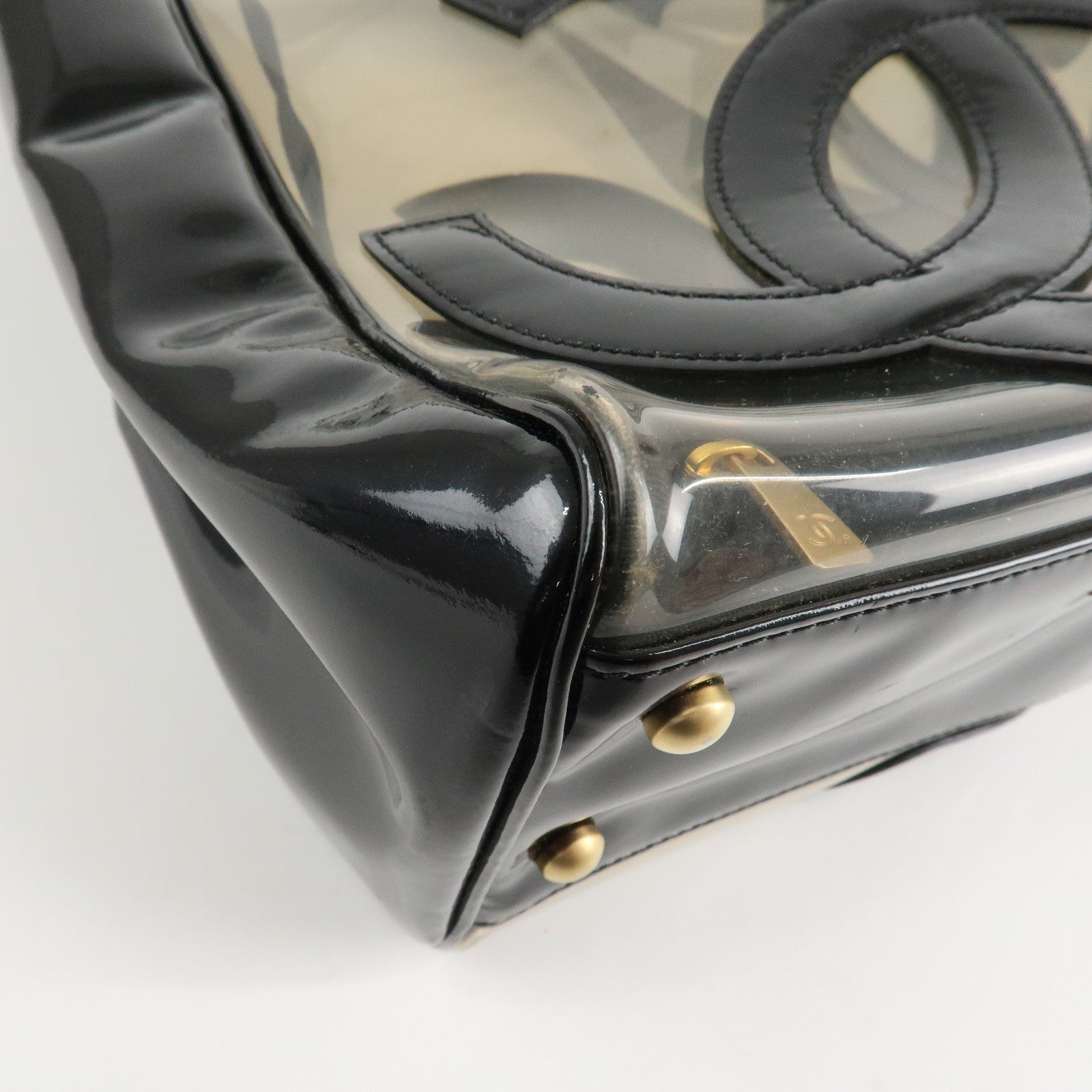 CHANEL PVC Patent Leather Vinyl Triple COCO Mark Tote Bag Black Used