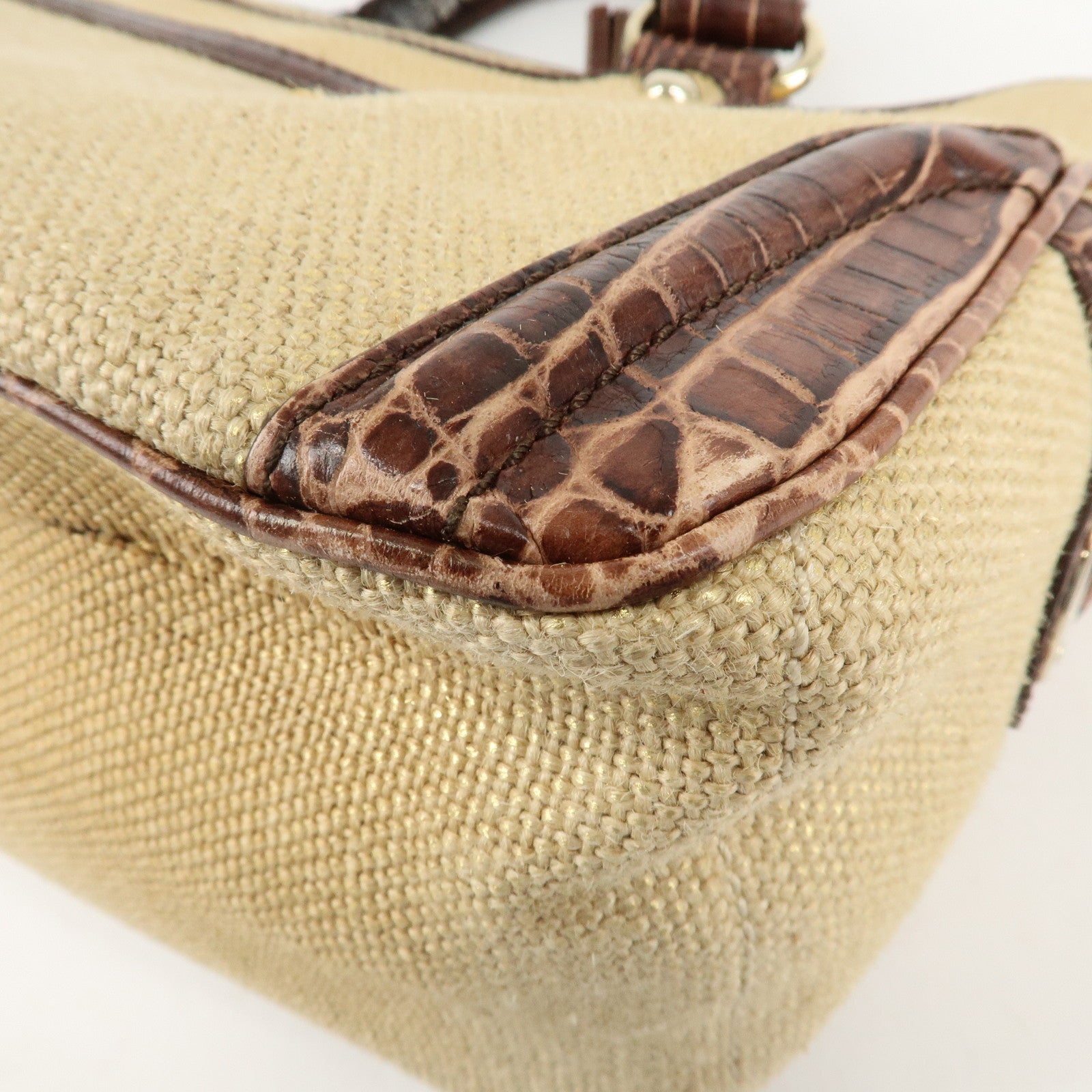 CELINE Straw Leather Boogie Bag Hand Bag Beige Brown Gold HDW Used