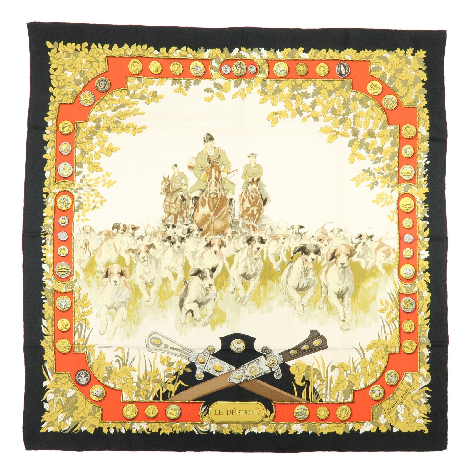 HERMES Carre 90 Silk 100% Scarf Le Debuche Black Red Beige