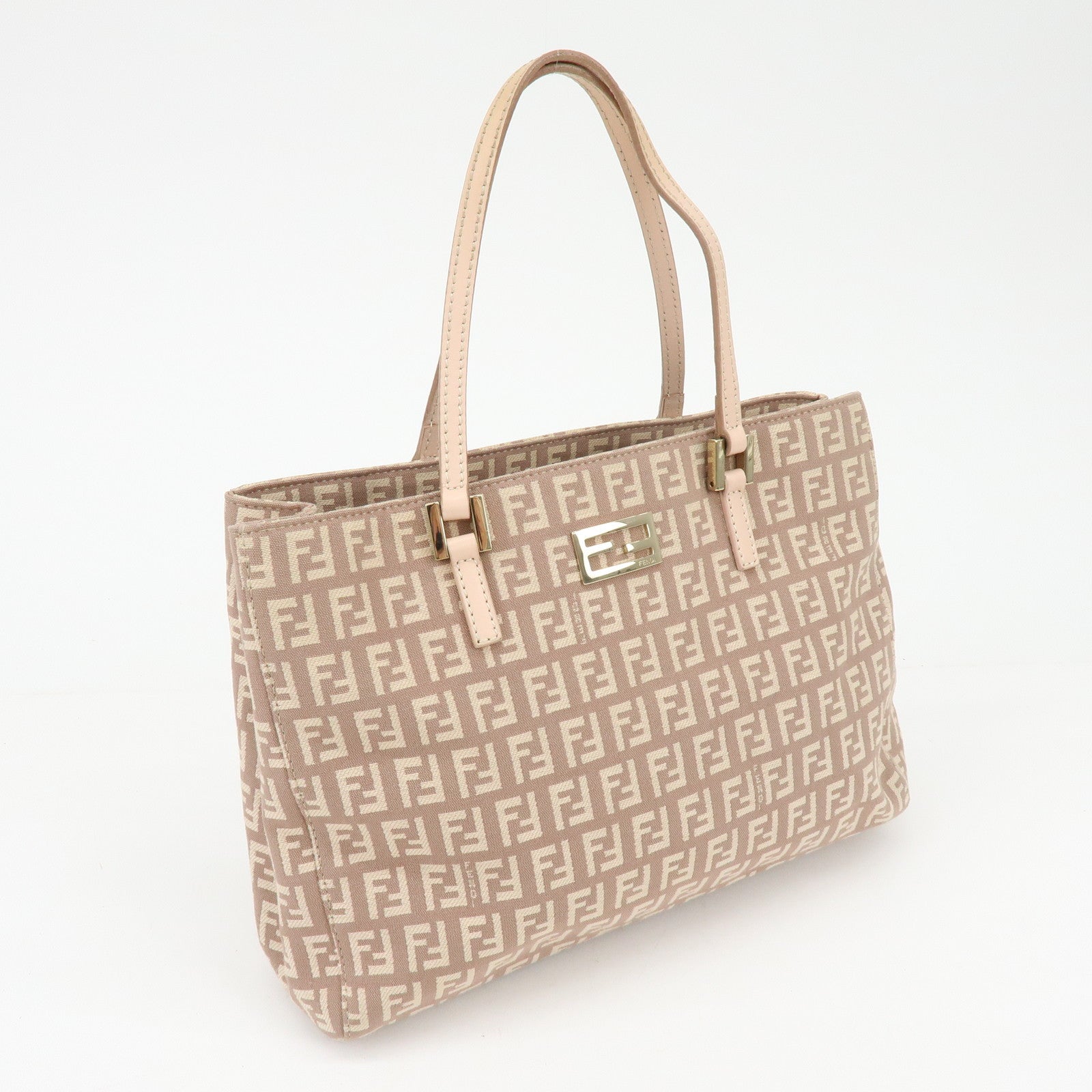 FENDI Zucchino Canvas Leather Hand Bag Tote Bag Pink Beige 8BH132