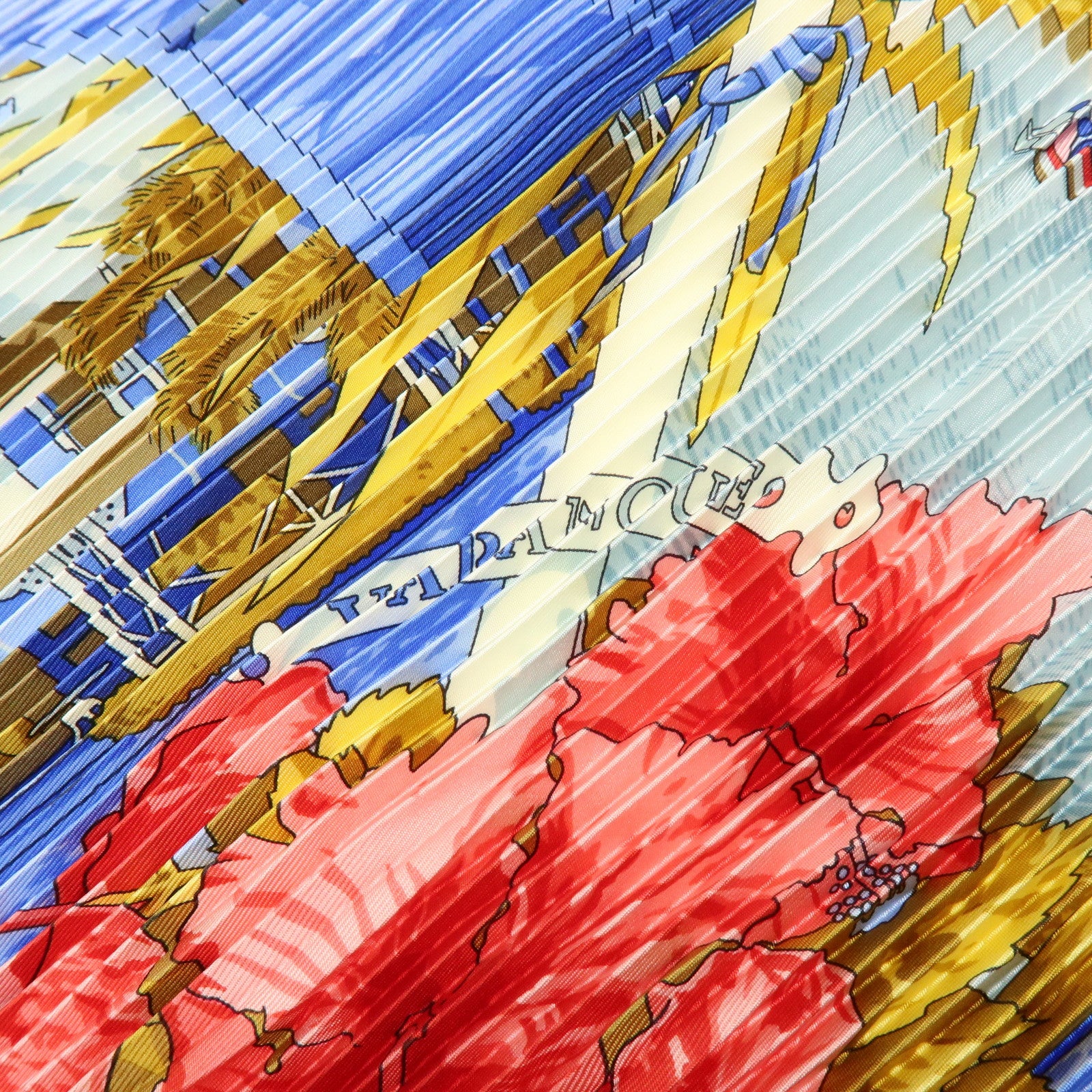 HERMES Pleats Carre Silk 100% Scarf VARANGUES Blue Pink