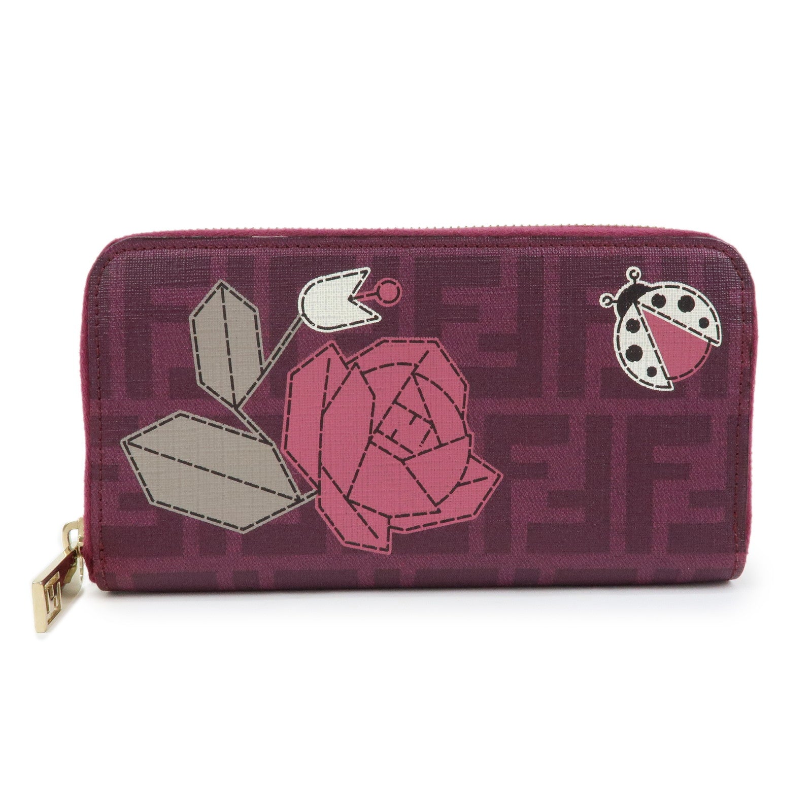 FENDI Zucca PVC Long Wallet Rose Ladybug Motif Purple 8M0024