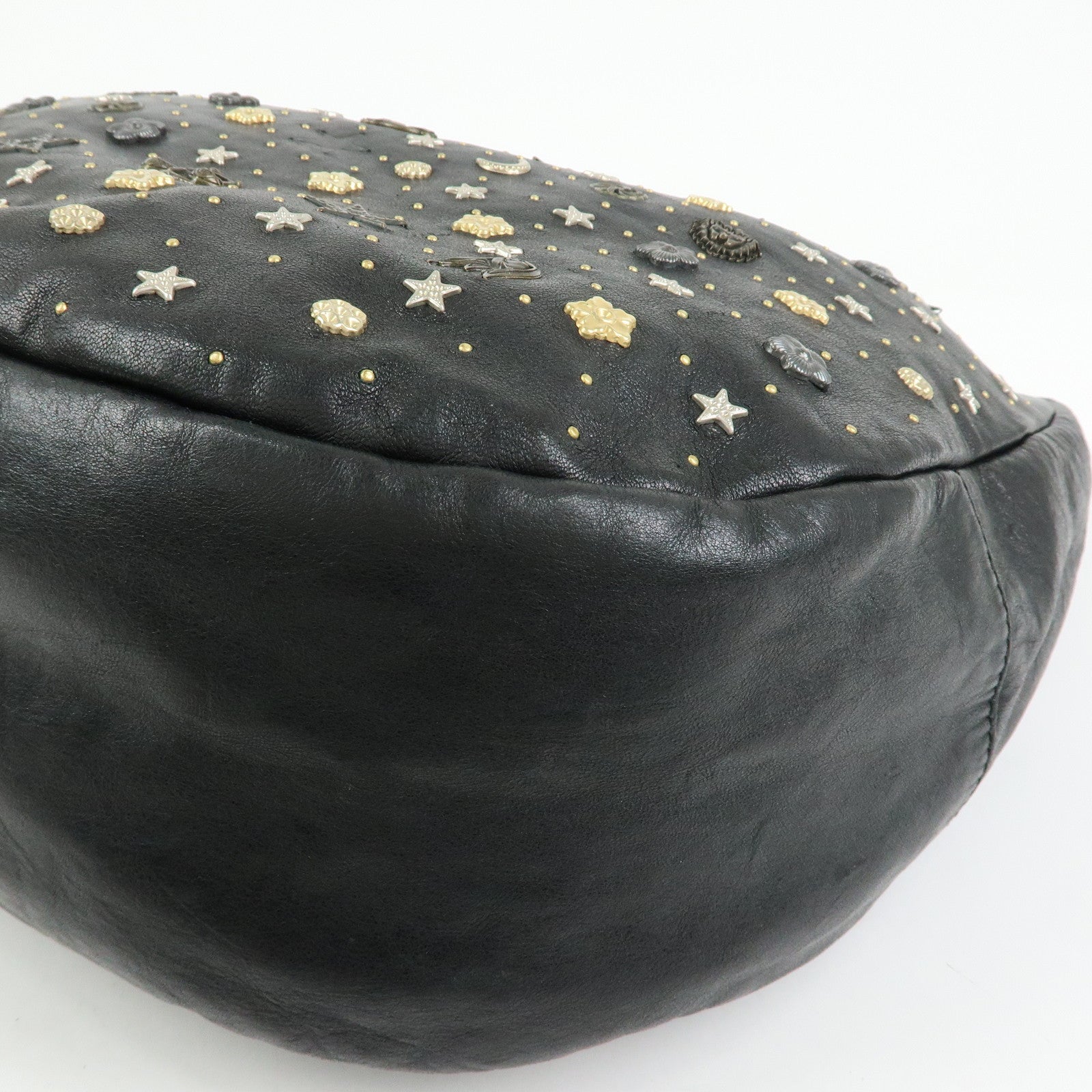 JIMMY CHOO Zodiac Leather Studs Shoulder Bag Hand Bag Black