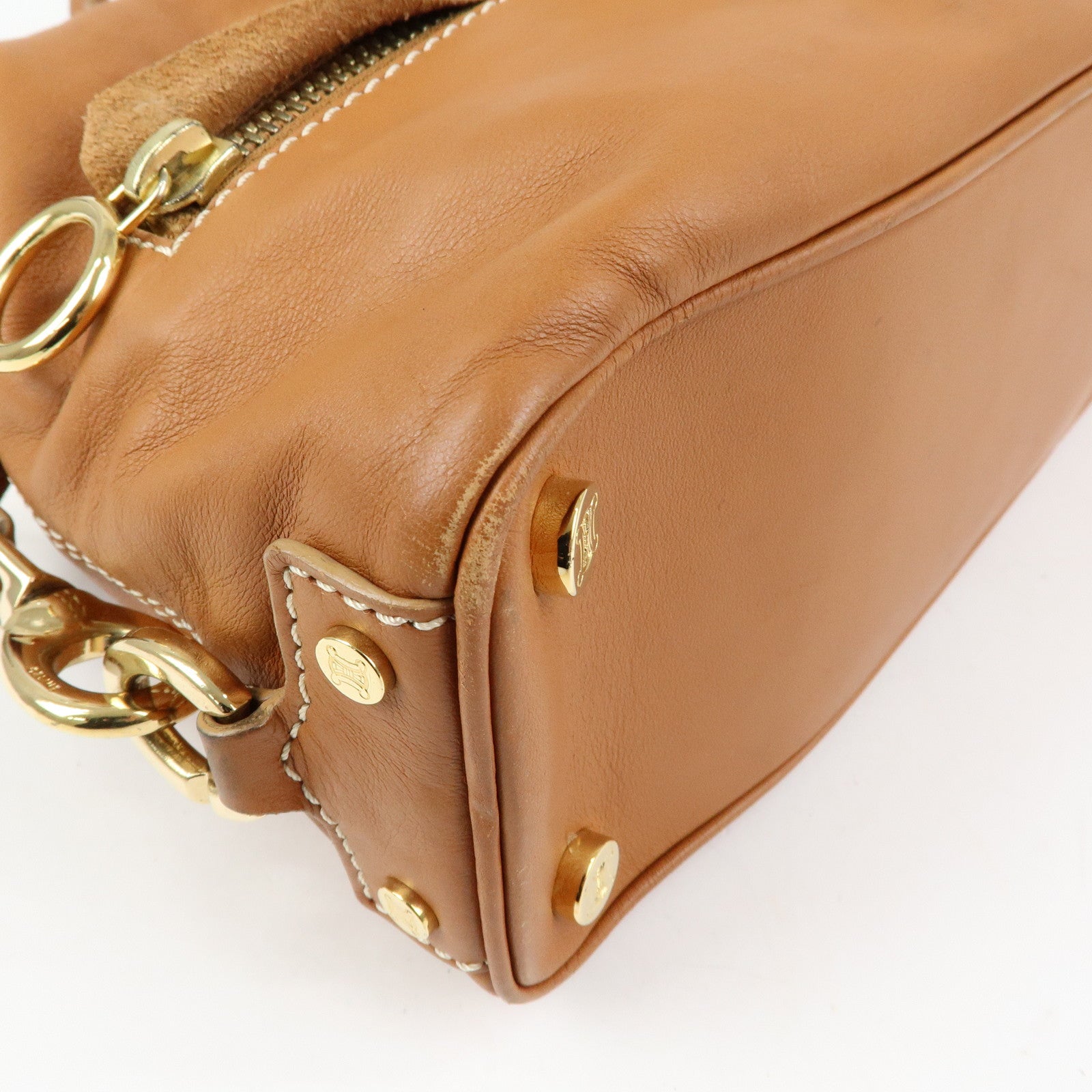 CELINE Leather Hand Bag Shoulder Bag Camel