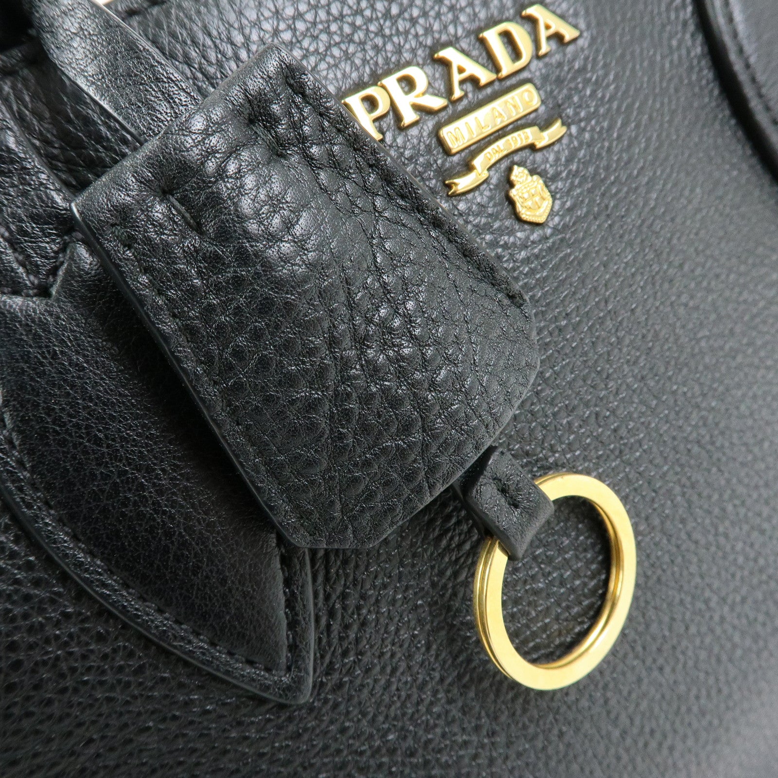 PRADA Logo Grain Calf Leather Tote Bag Shoulder Bag Black 1BG112