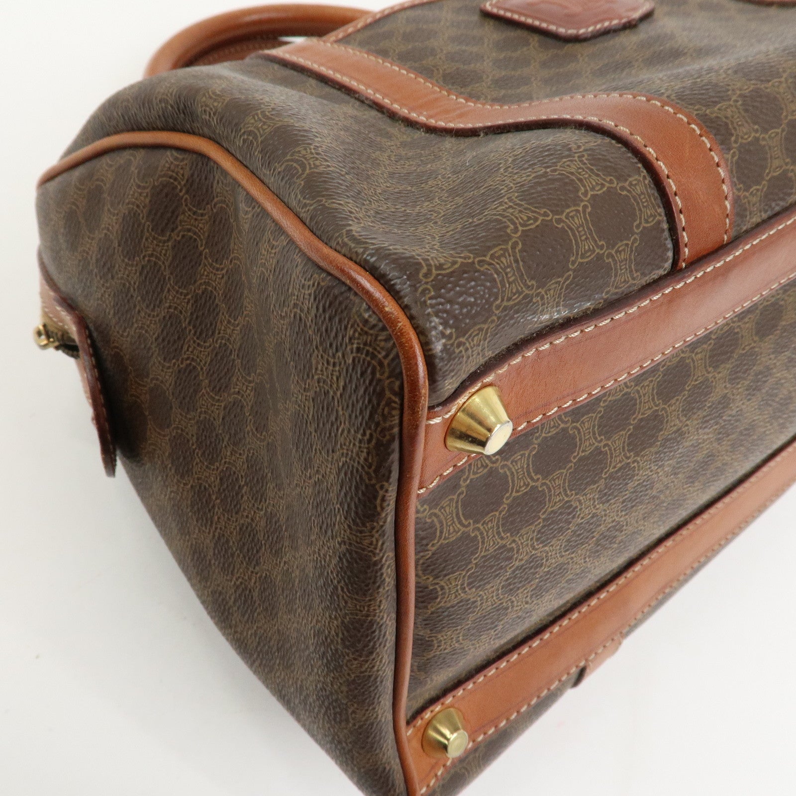 CELINE Macadam PVC Coating Canvas Leather Boston Bag Brown