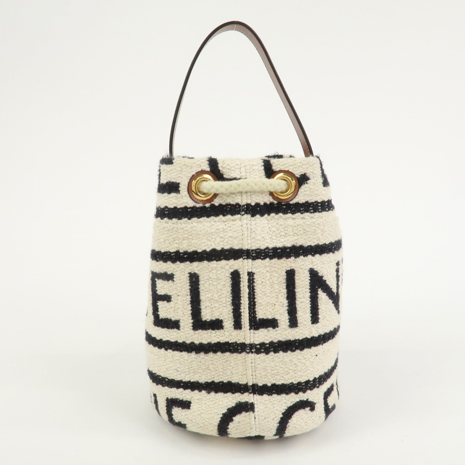 CELINE Teen Drawstring Canvas Leather Hand Bag Natural Brown