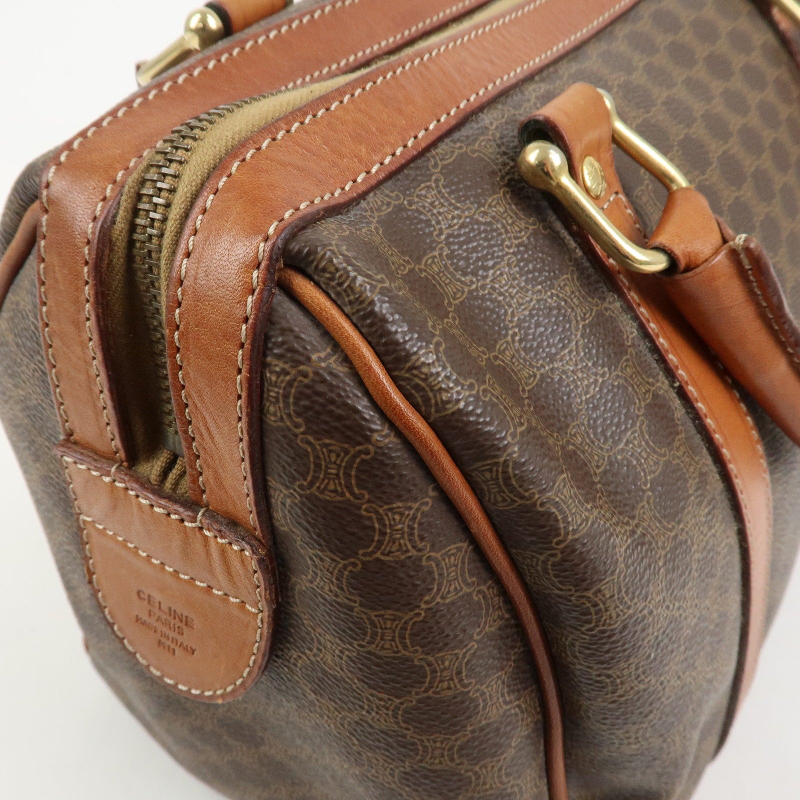 CELINE Macadam PVC Coating Canvas Leather Boston Bag Brown