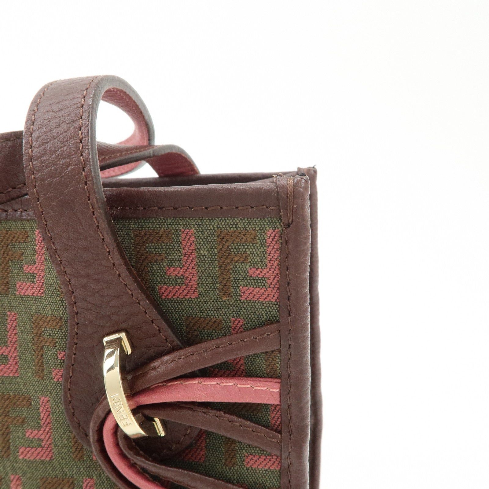 FENDI Zucchino Leather Canvas Hand Bag Khaki Bordeaux