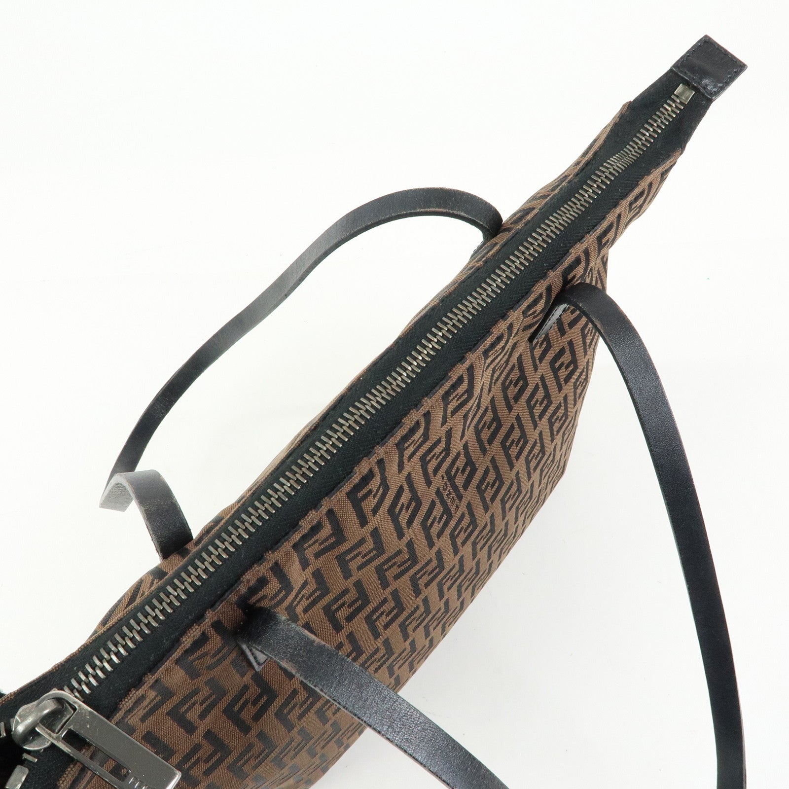 FENDI Zucchino Canvas Leather Tote Bag Hand Bag Brown Black 8BH024