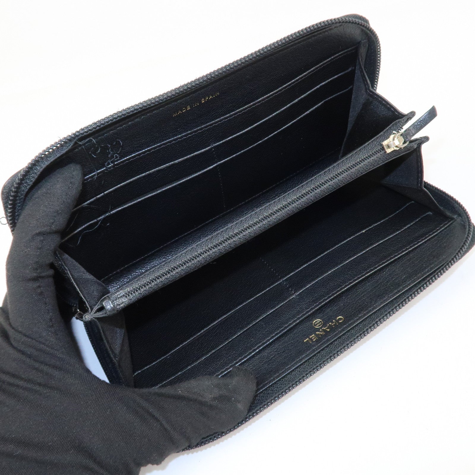 CHANEL Set Of 2 Leather Bi-Fold Long Wallet Key Case Black Gold