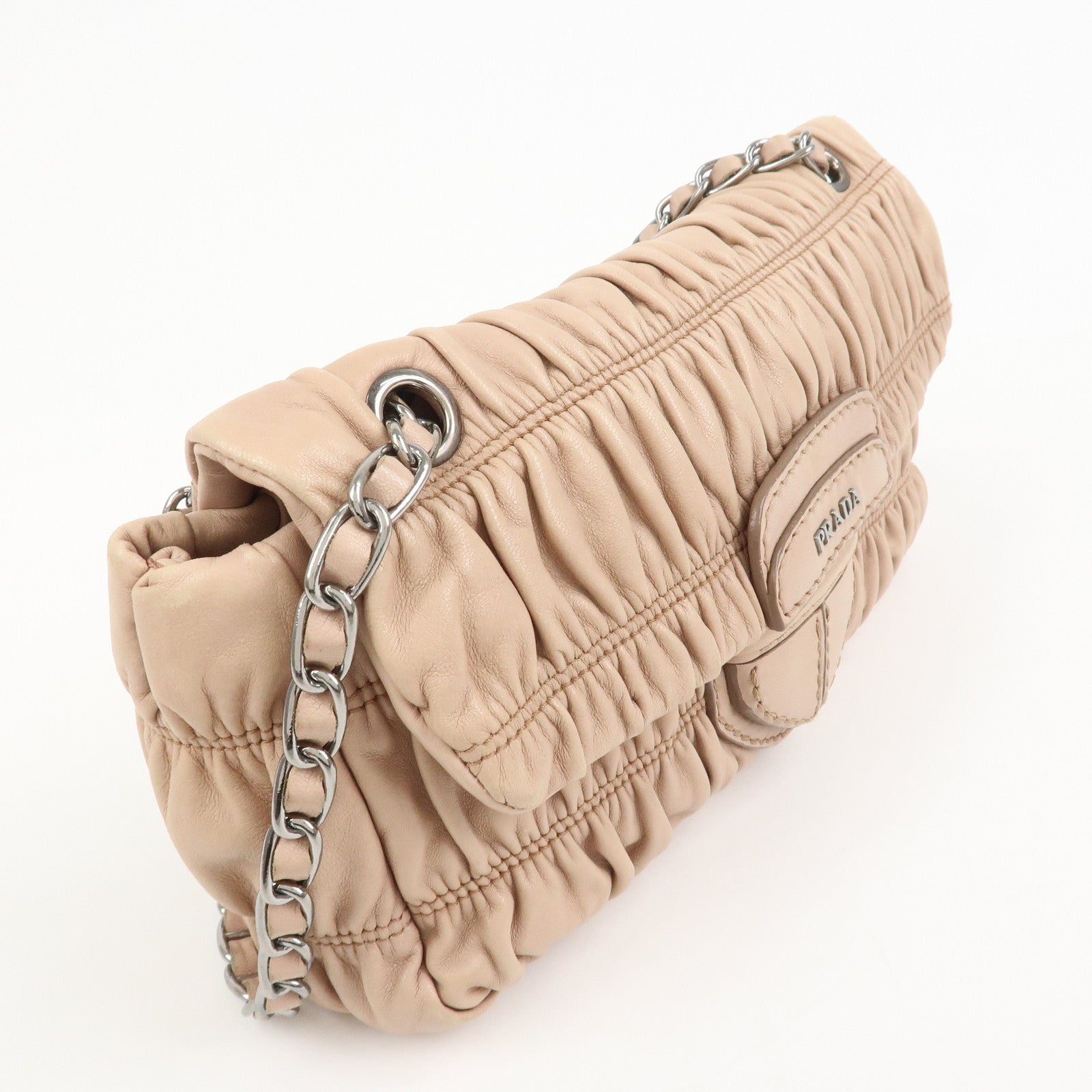 PRADA Leather Gathered Chain Shoulder Bag Pink Beige B4695C