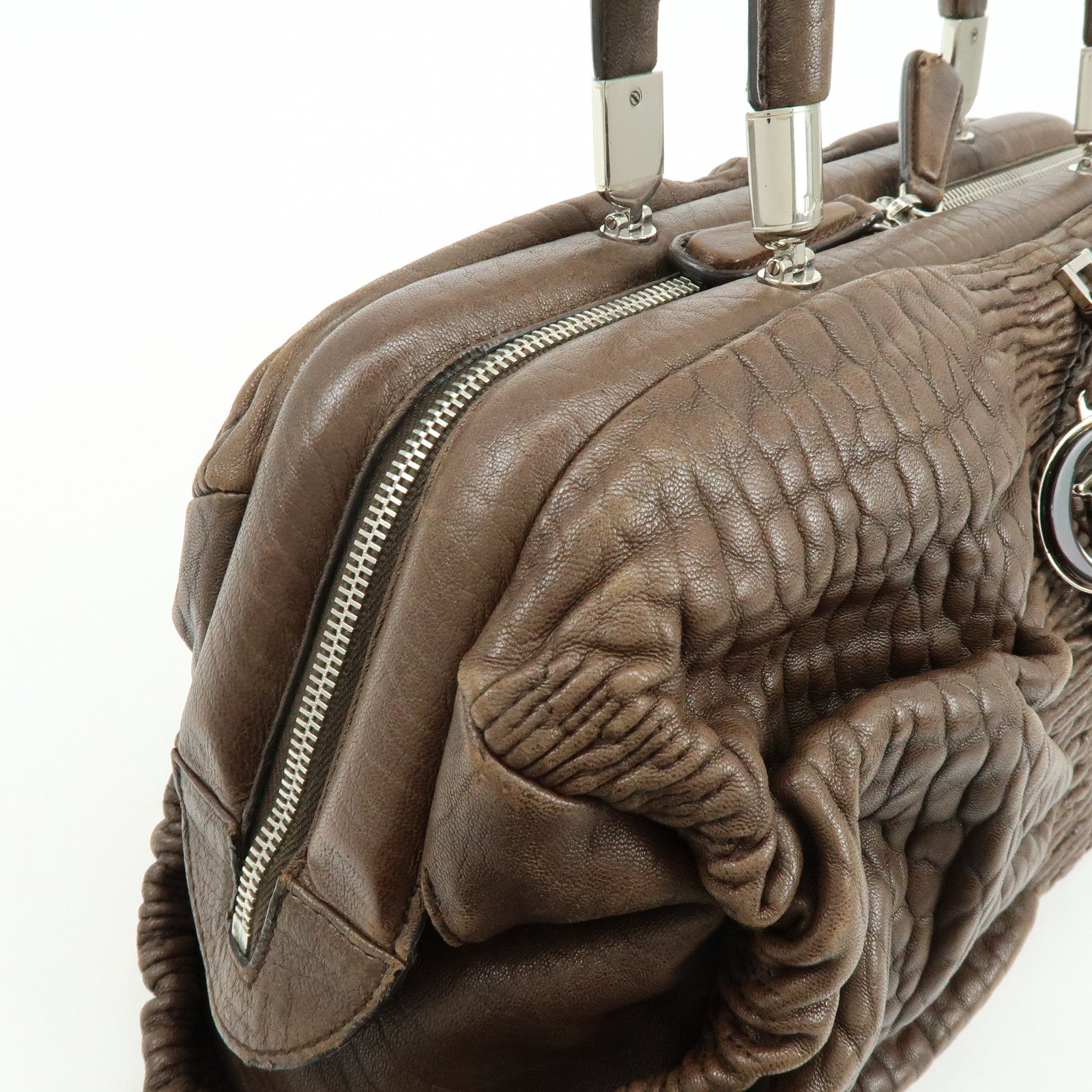 Christian Dior Embossed Gathered Leather Boston Bag Hand Bag Brown