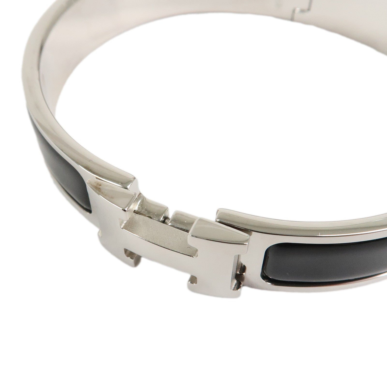 HERMES Clic Clac PM H Logo Bangle Bracelet Silver Black Used