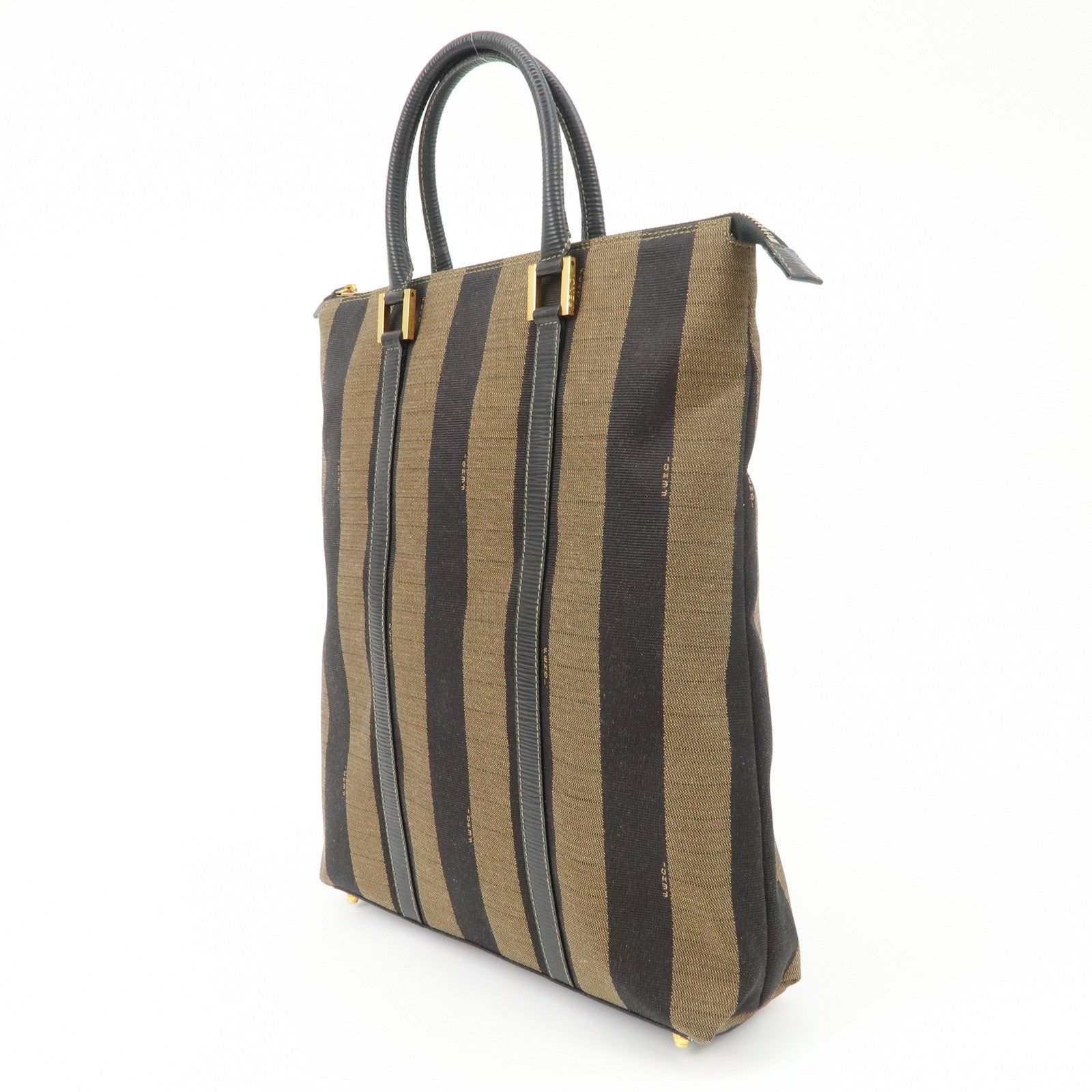 FENDI Pequin Canvas Leather Hand Bag Tote Bag Black Brown