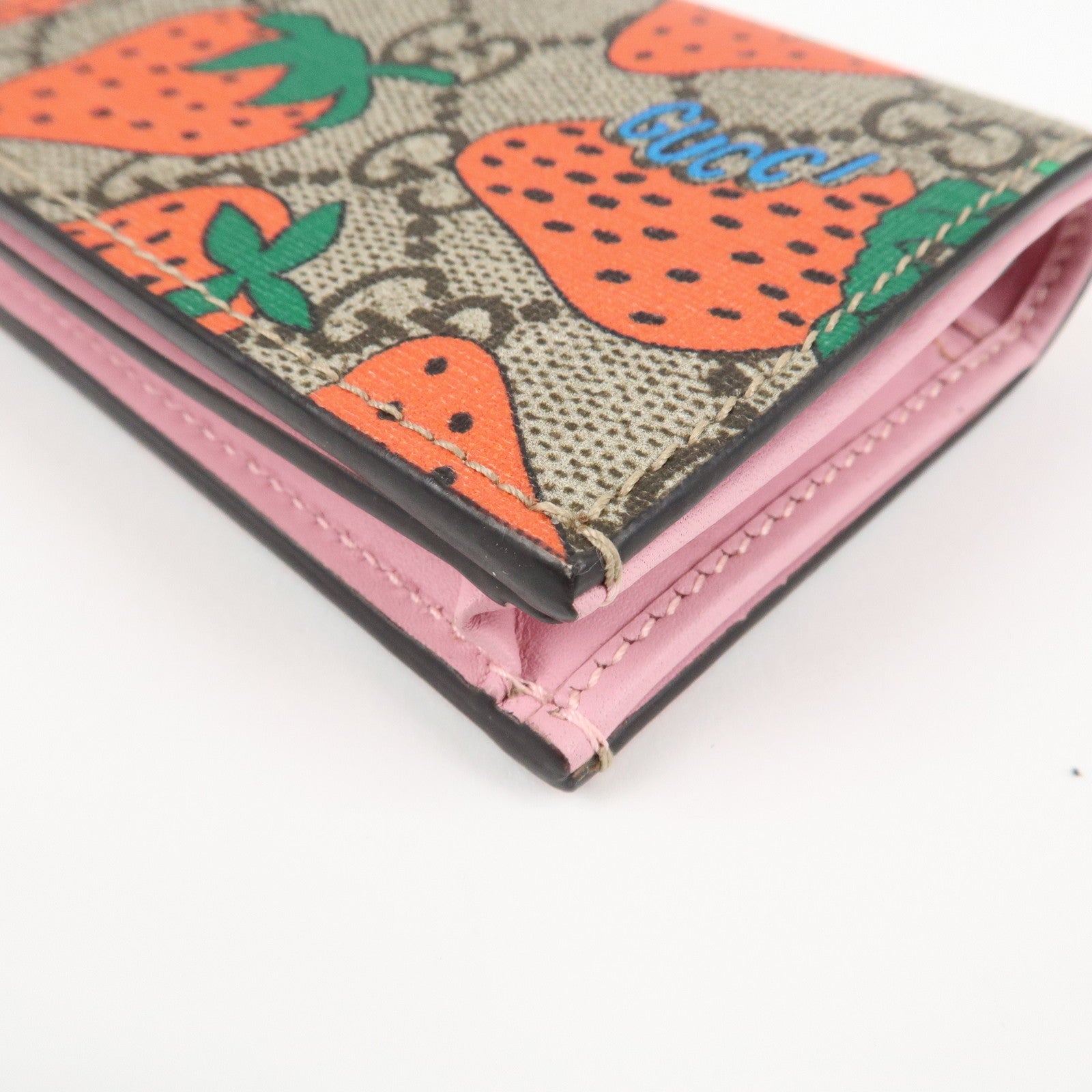 GUCCI GG Supreme Leather Strawberry Print Bi-fold Wallet 573839 Used