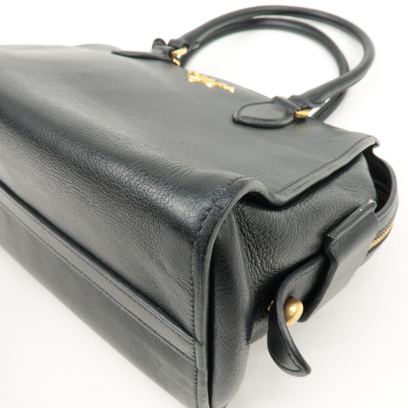 PRADA Leather 2Way Bag Shoulder Hand Bag Black Gold Used