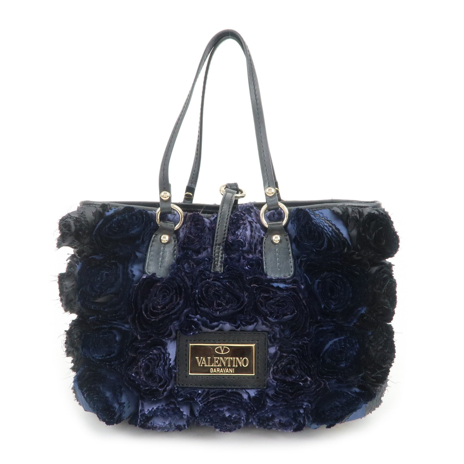 VALENTINO Logo Nylon Leather Hand Bag Navy Gold