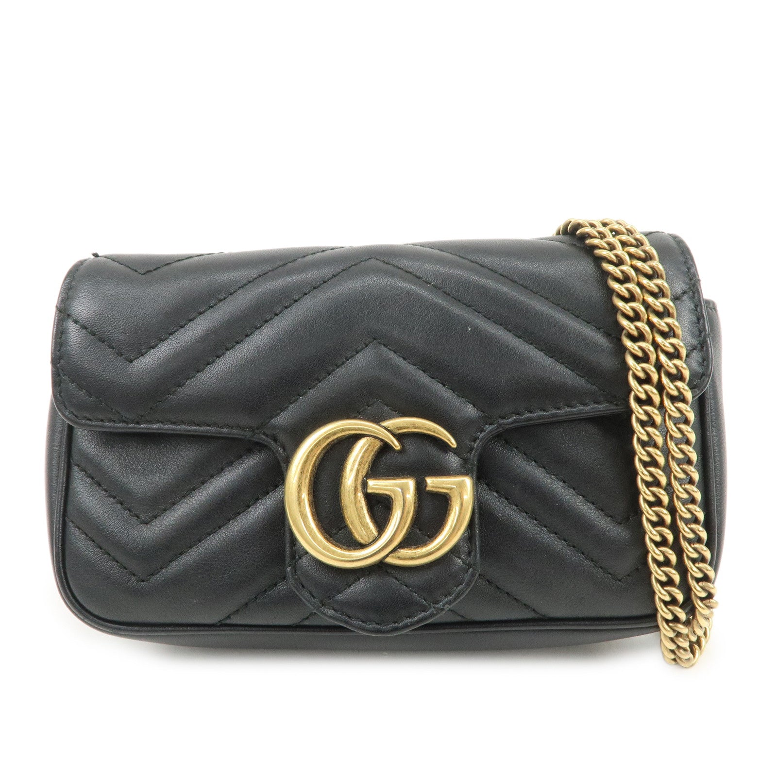 GUCCI GG Marmont Leather Chain Shoulder Bag Black Gold 476433