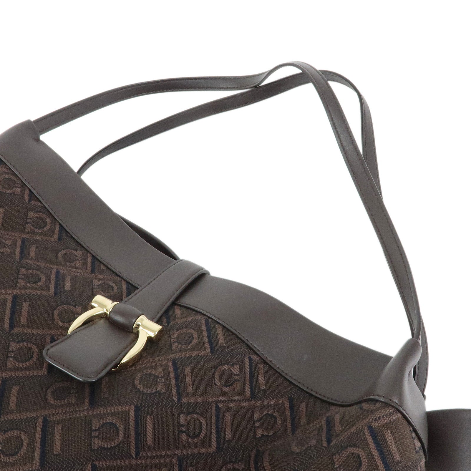 Ferragamo Gancini Canvas Leather Shoulder Bag Hand Bag Dark Brown