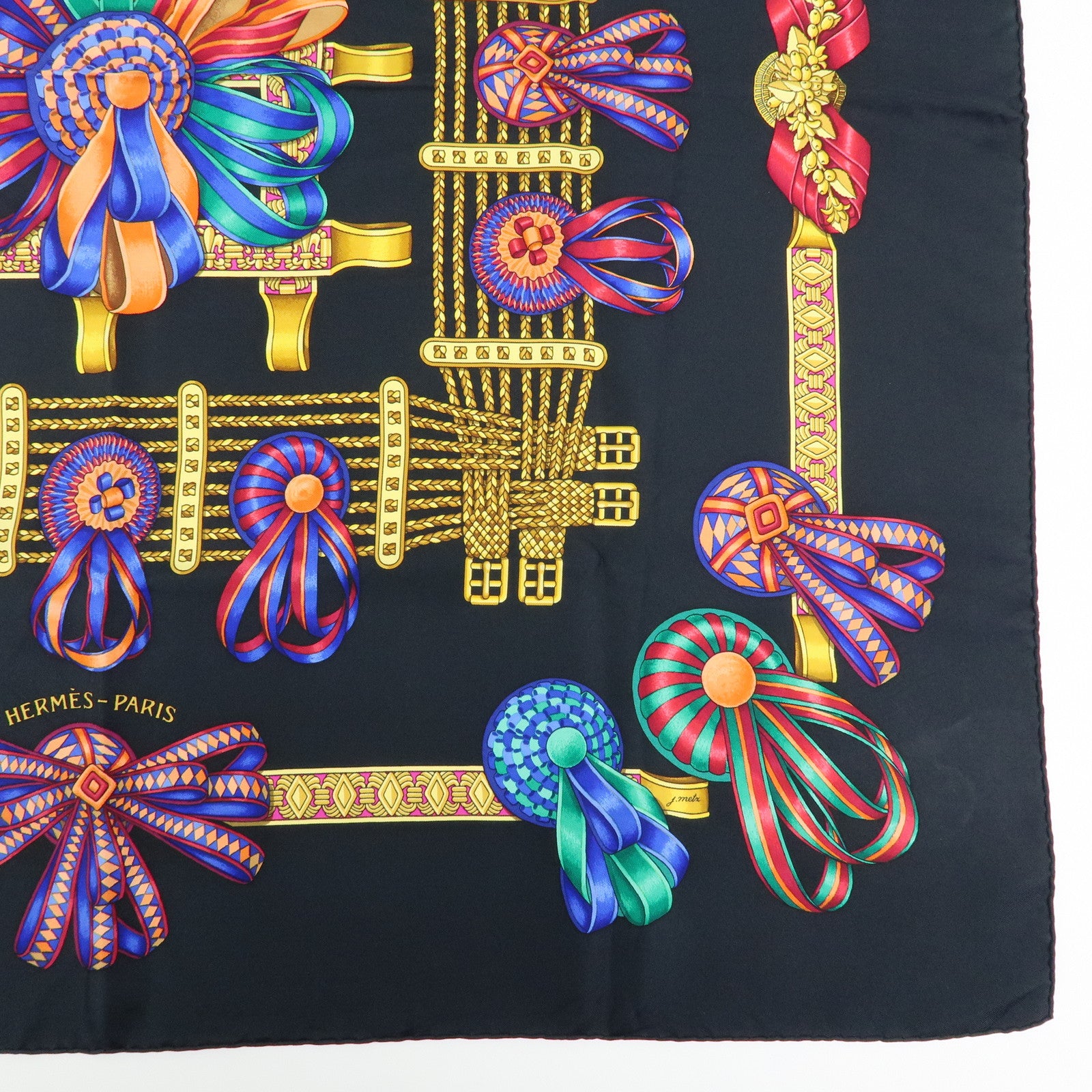 HERMES Carre 90 Silk 100% Scarf LES RUBANS DU CHEVAL Black