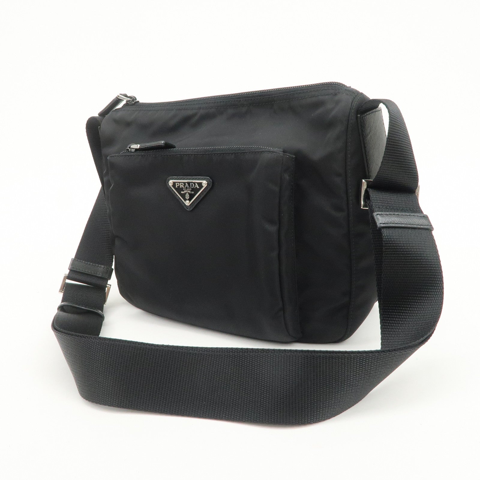 PRADA Triangle Logo Nylon Saffiano Leather Shoulder Bag Black