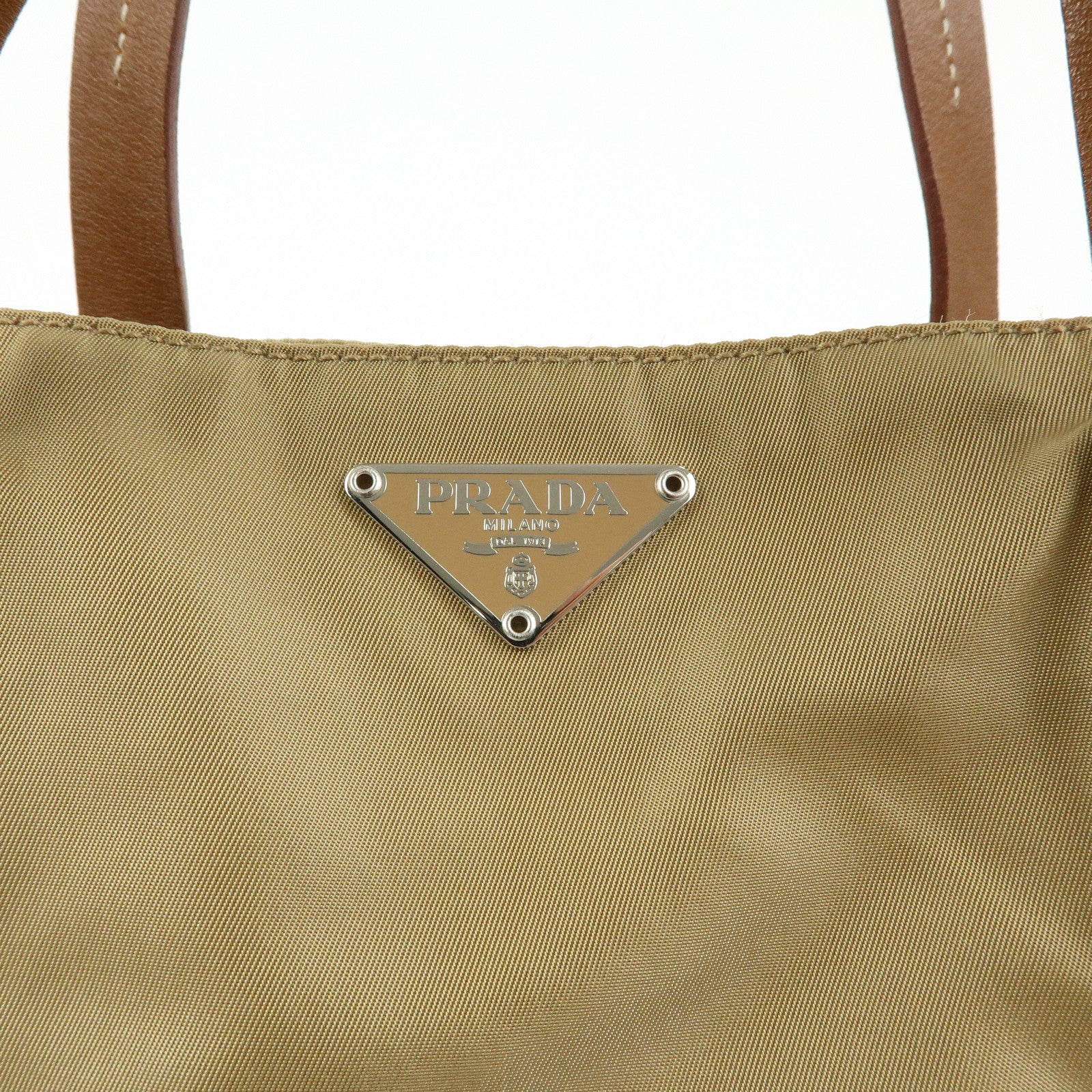 PRADA Triangle Logo Nylon Tote Bag Hand Bag Khaki Beige Brown