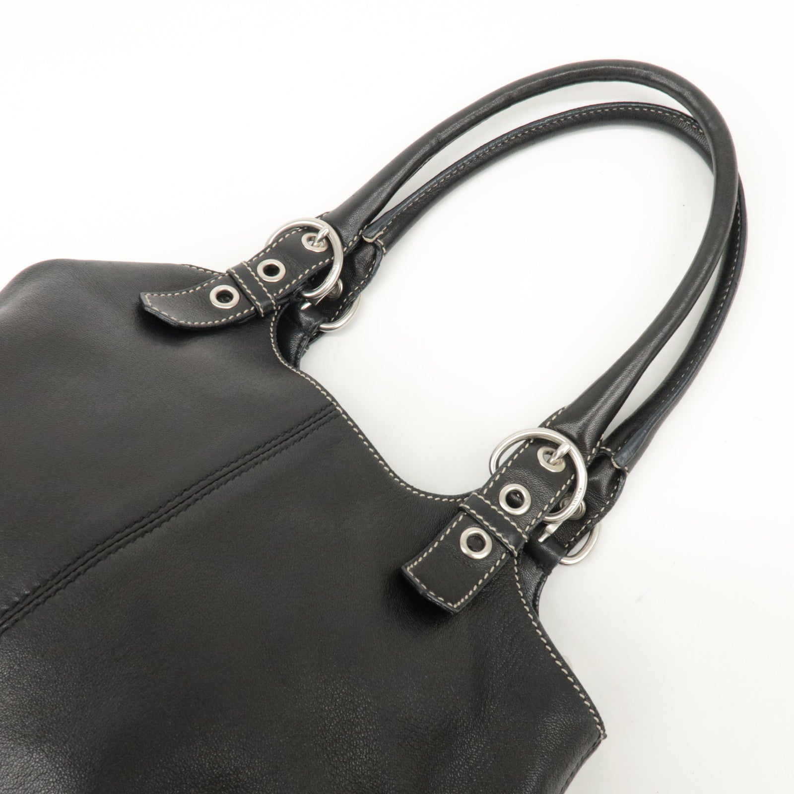 PRADA Triangle Logo Leather Tote Bag Hand Bag Black Used