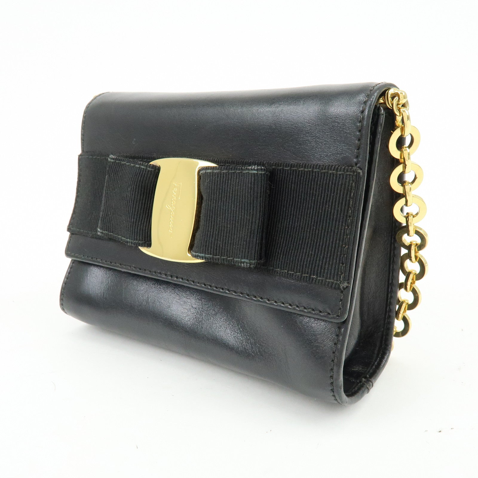 Ferragamo Vara Ribbon Leather 3 Way Bag Shoulder Clutch Bag Black