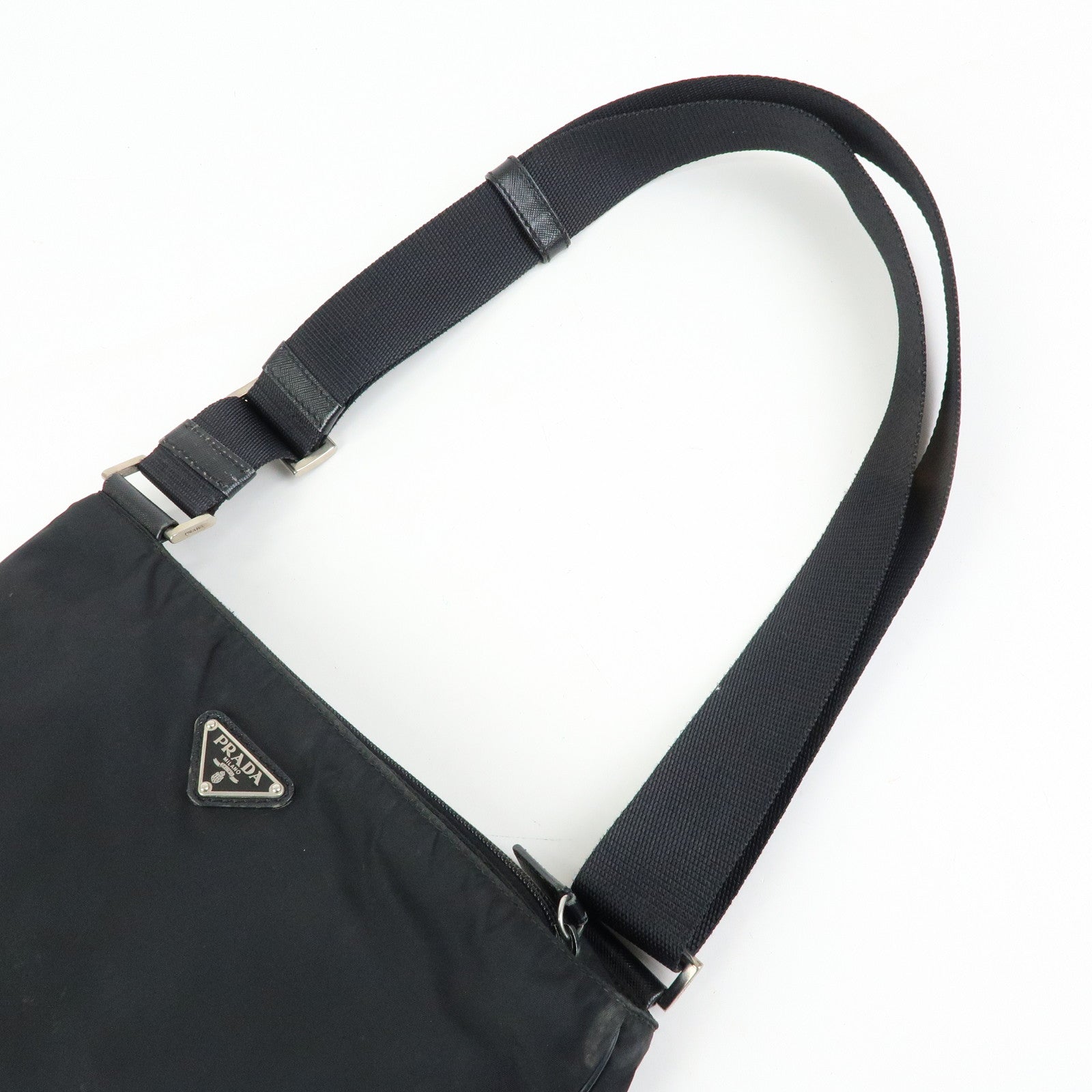 PRADA Triangle Logo Nylon Saffiano Leather Shoulder Bag Black