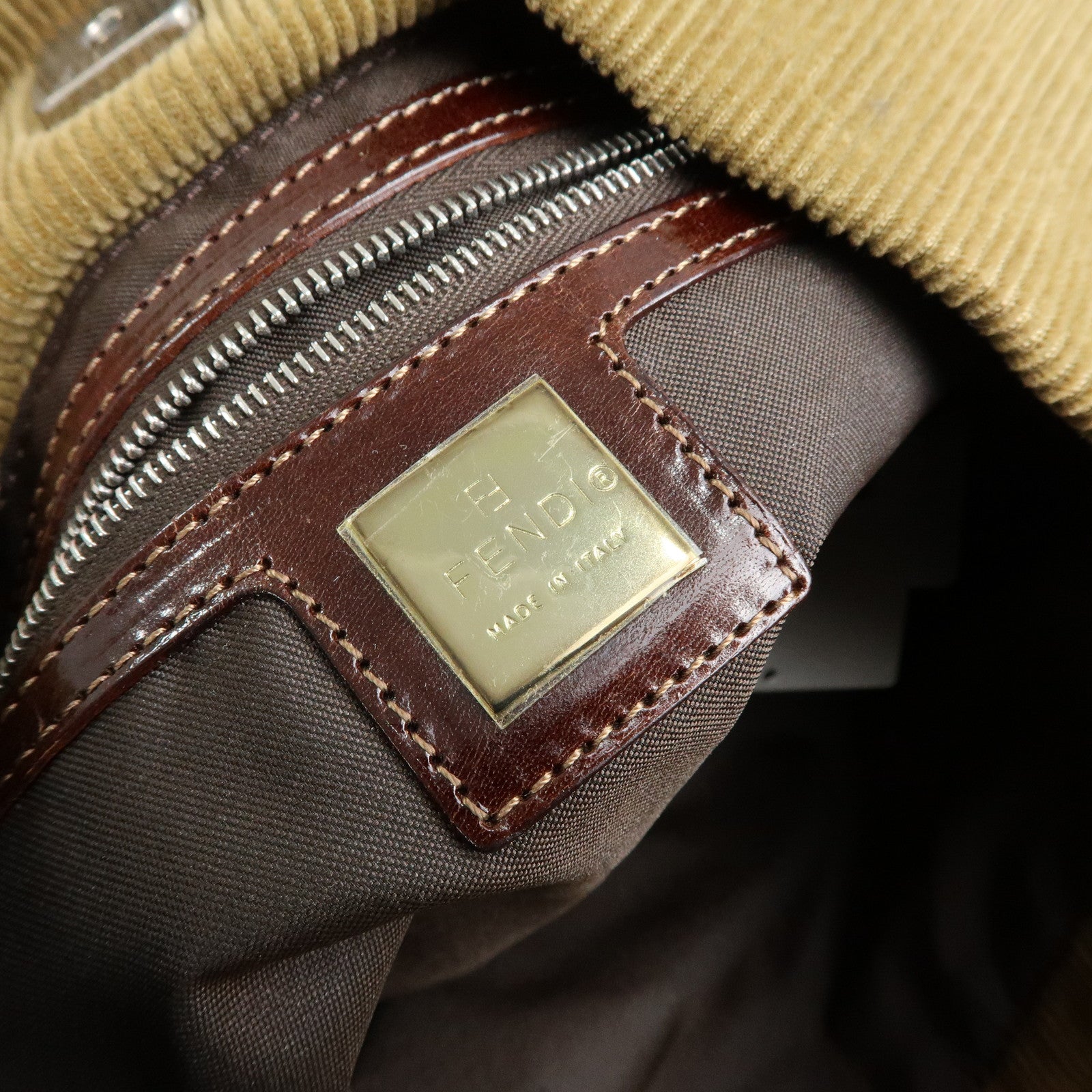 FENDI Corduroy Leather Mini Hand Bag Light Brown 26637