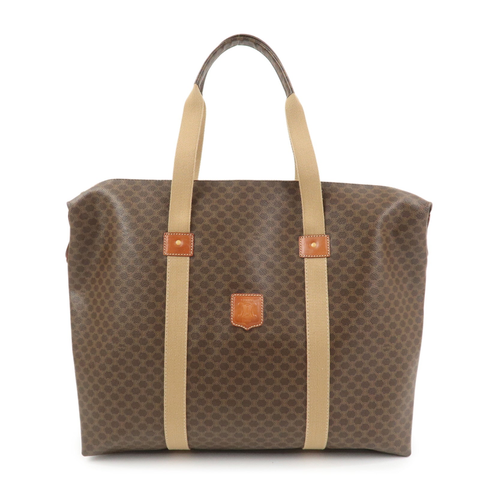 CELINE Macadam PVC Canvas Leather Boston Bag Hand Bag Brown