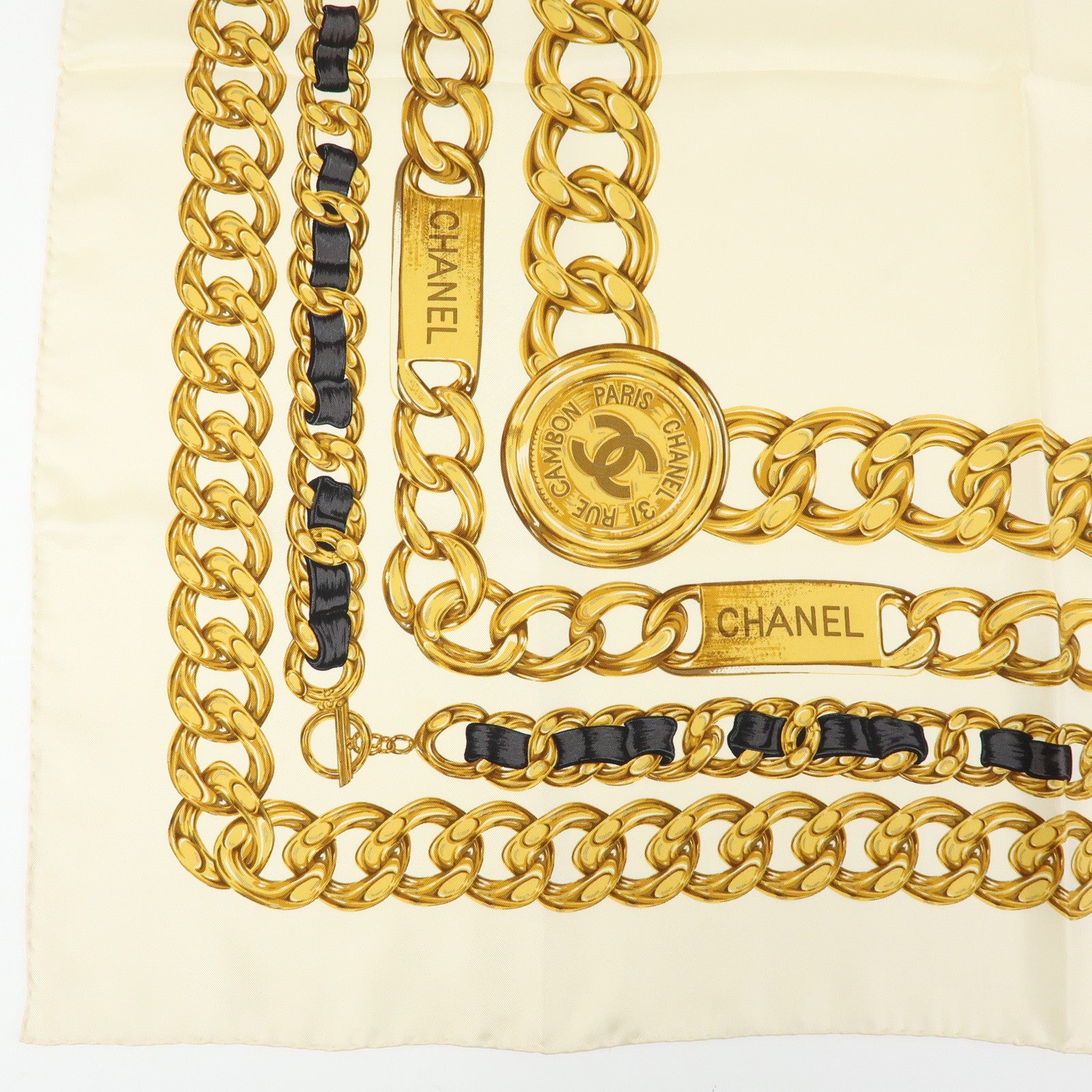 CHANEL Silk 100% Scarf Chain Medal Motif Beige Gold