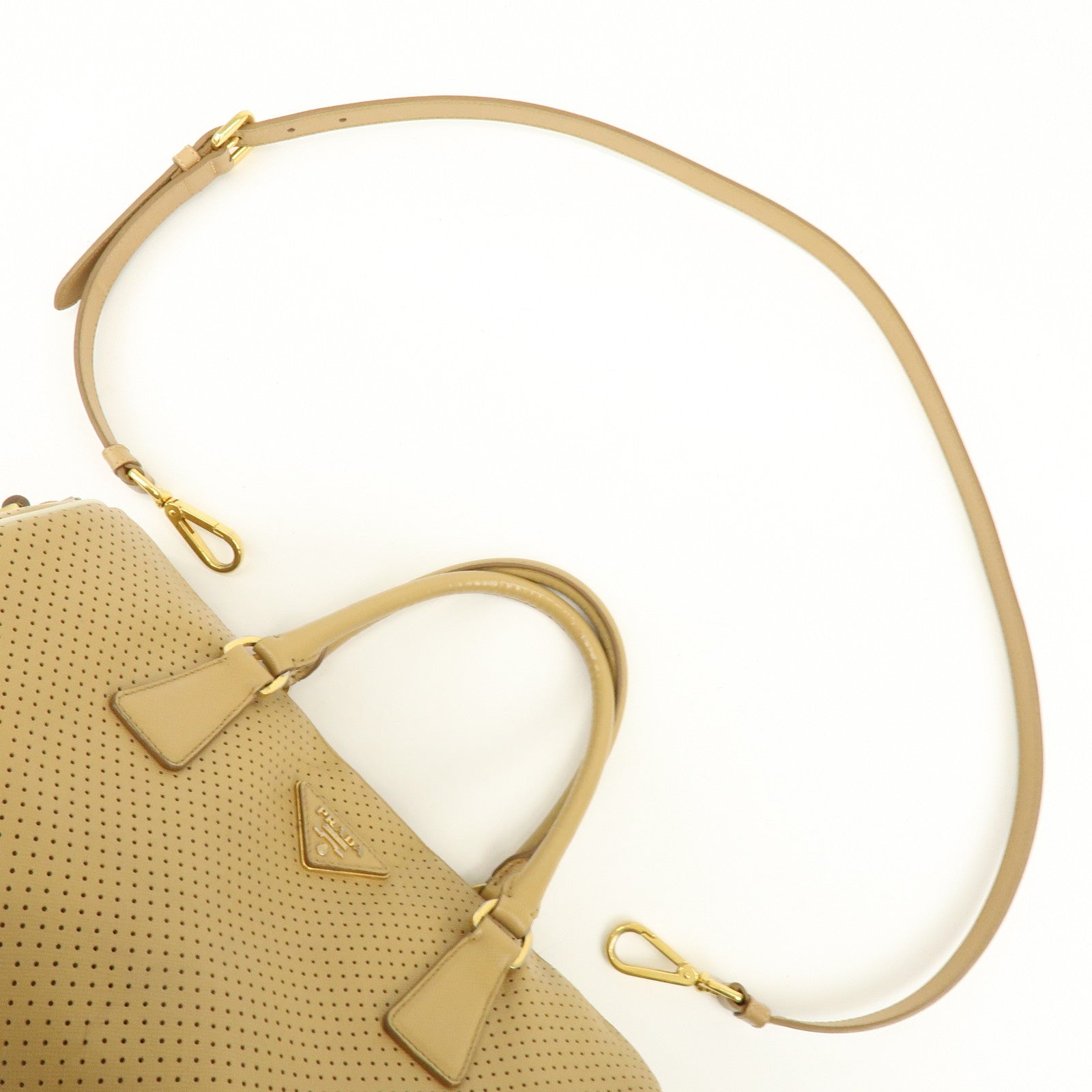 PRADA Triangle Logo Saffiano Leather Punched Boston Bag Beige