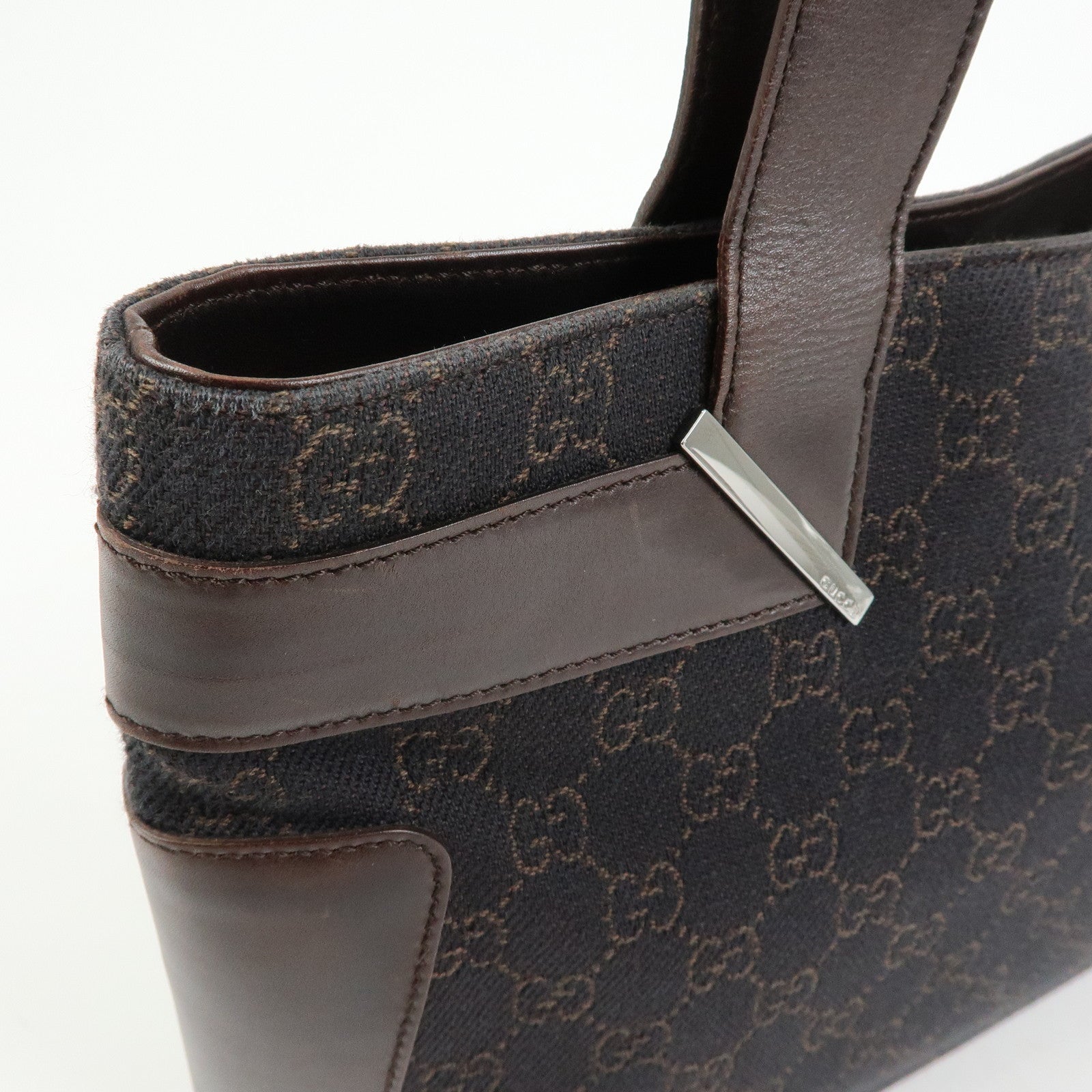 GUCCI GG Canvas Leather Hand Bag Tote Bag Dark Brown 73983