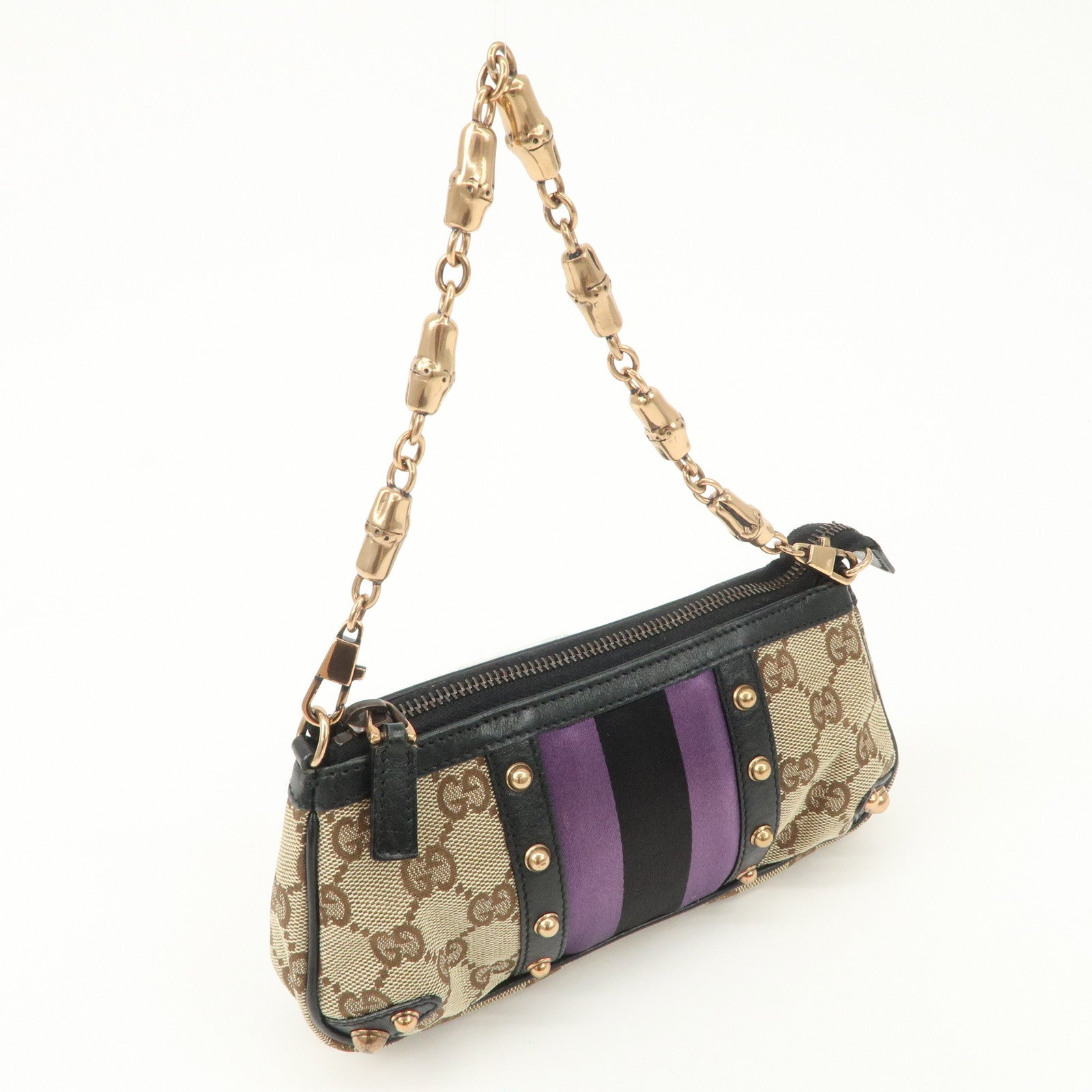 GUCCI Sherry Bamboo GG Canvas Leather Chain Bag Black Purple 129423 Used
