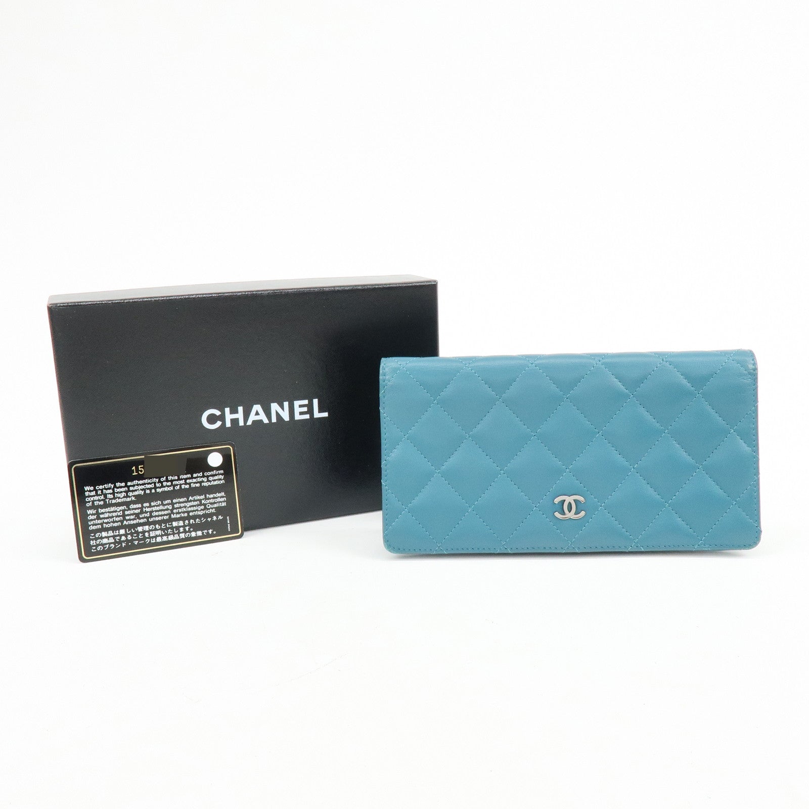 CHANEL COCO Mark Matelasse Lamb Skin Bi-fold Flap Long Wallet Blue