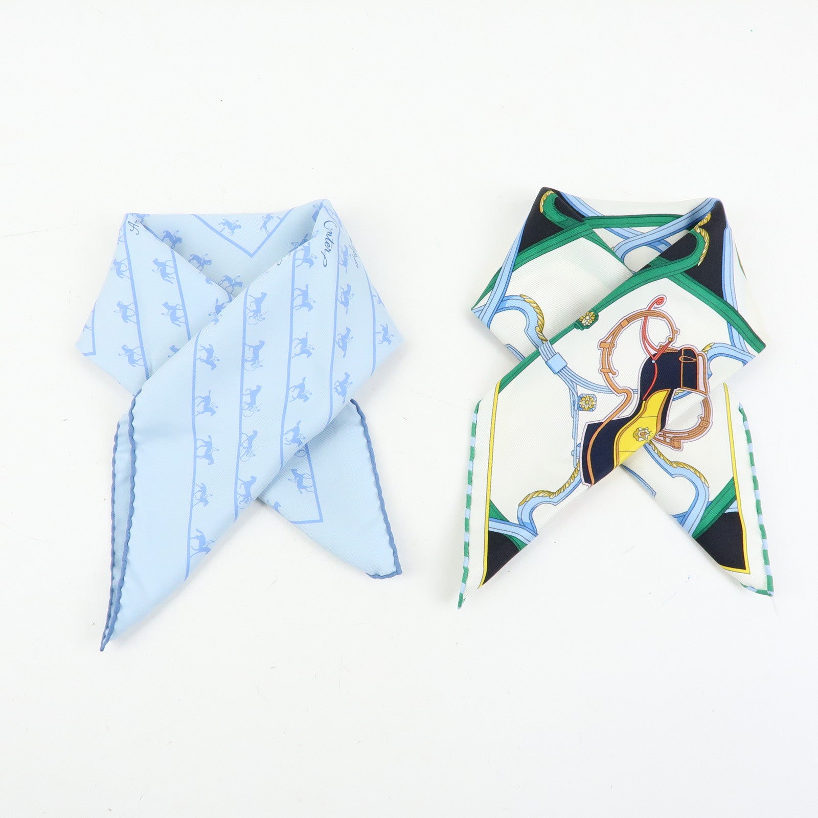 HERMES Petit Carre 42 Set of 2 Silk 100% Scarf Light Blue Black