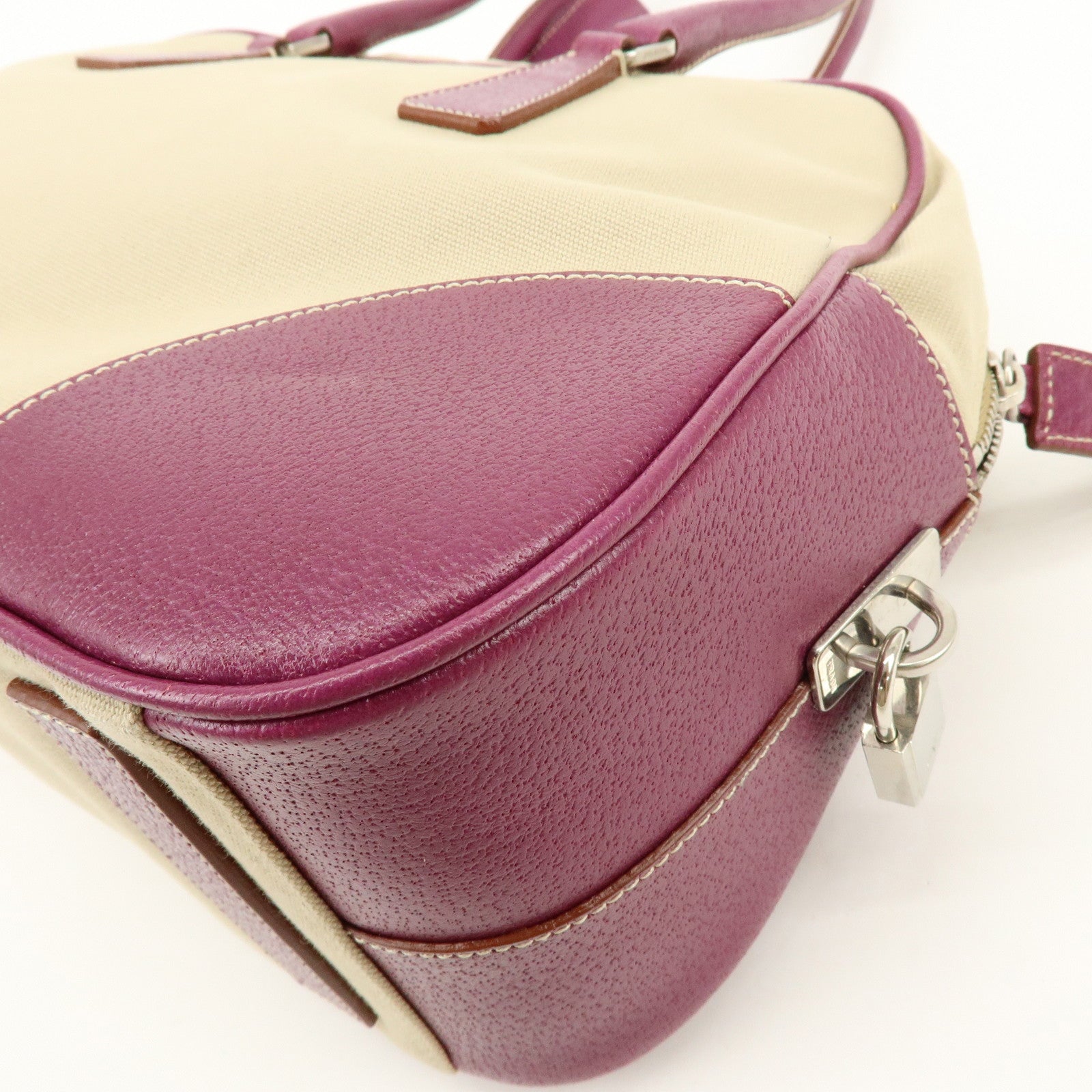PRADA Triangle Logo Canvas Leather Bowling Bag Natural Purple