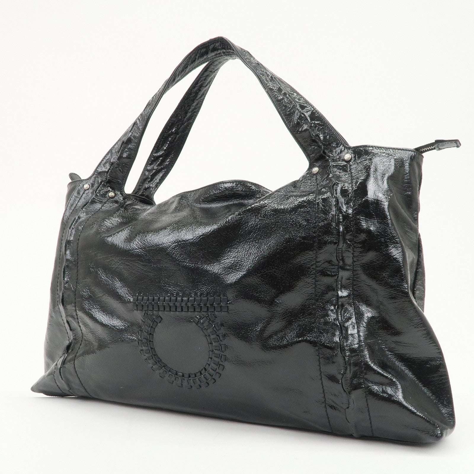 Ferragamo Gancini Logo Patent Leather Tote Bag Shoulder Bag Black