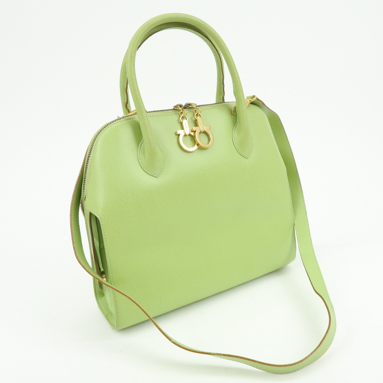 Ferragamo Gancini Leather 2Way Bag Hand Shoulder Bag Light Green