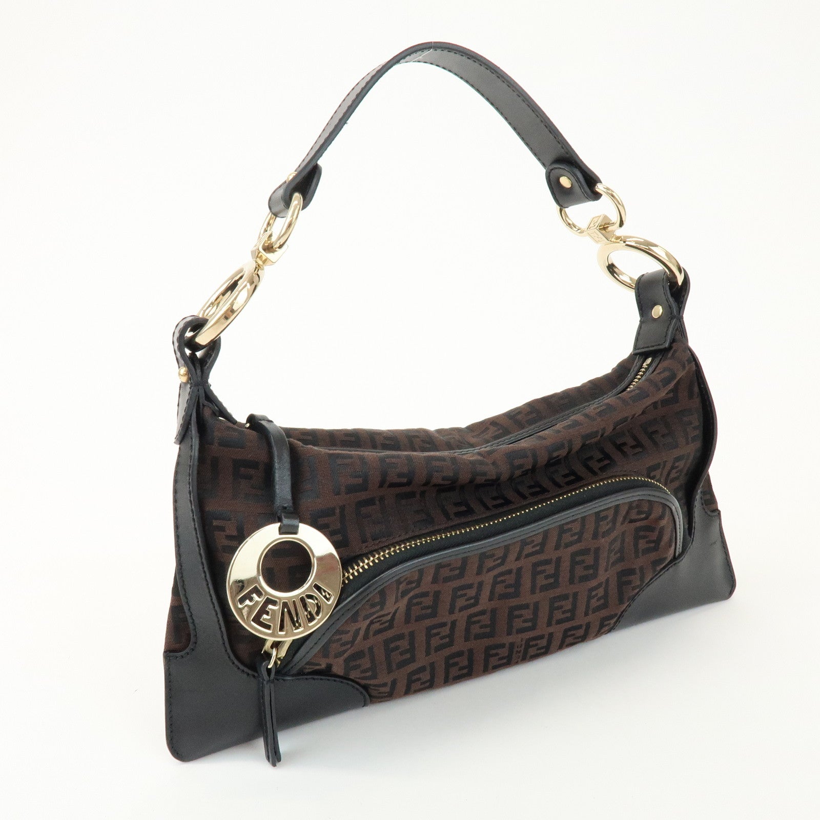 FENDI Zucchino Logo Canvas Leather Black Shoulder Bag Brown 8BR464