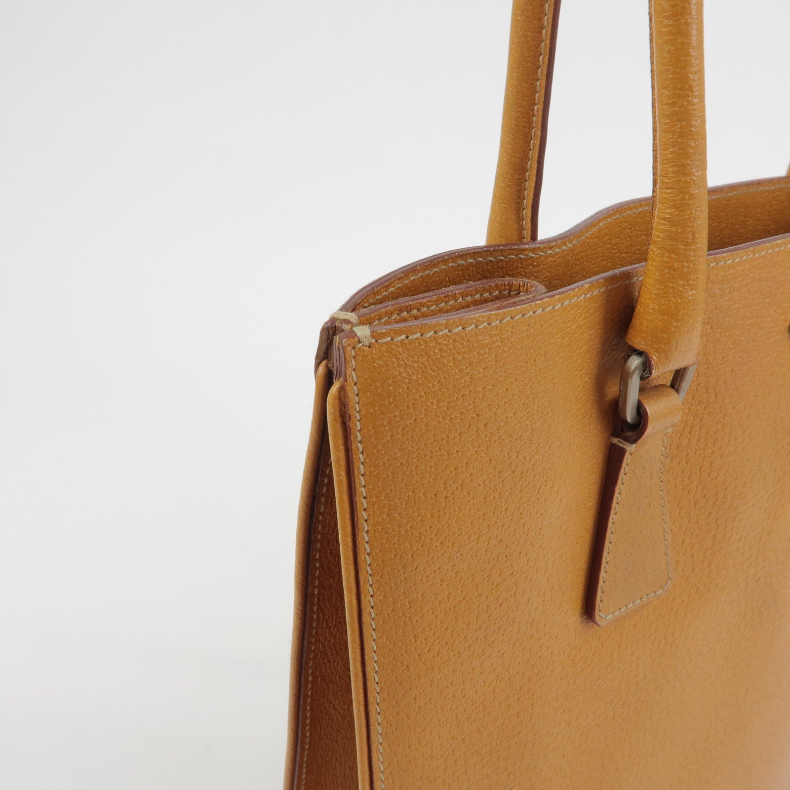 PRADA Triangle Logo Leather Tote Bag Shoulder Bag Light Brown